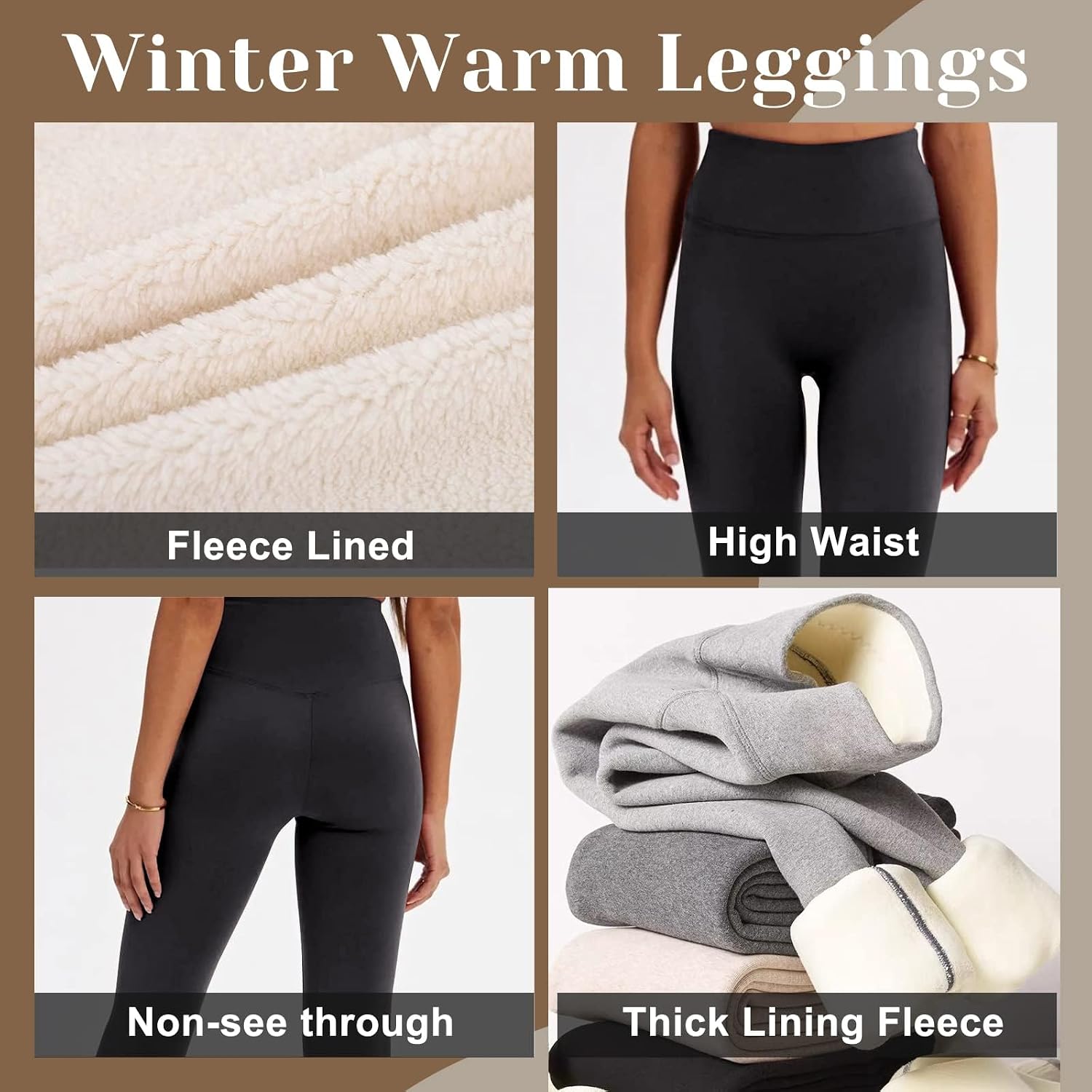 Detalle de CAMPSNAIL Fleece-Lined Leggings for Women, Black, High-Waisted with Pockets