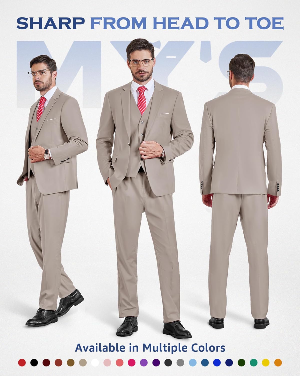 Thumbnail 1 de MY’S Men's 3 Piece Suit Set with Tie — Slim Fit, One Button Jacket, Vest & Pants (19 Colors)