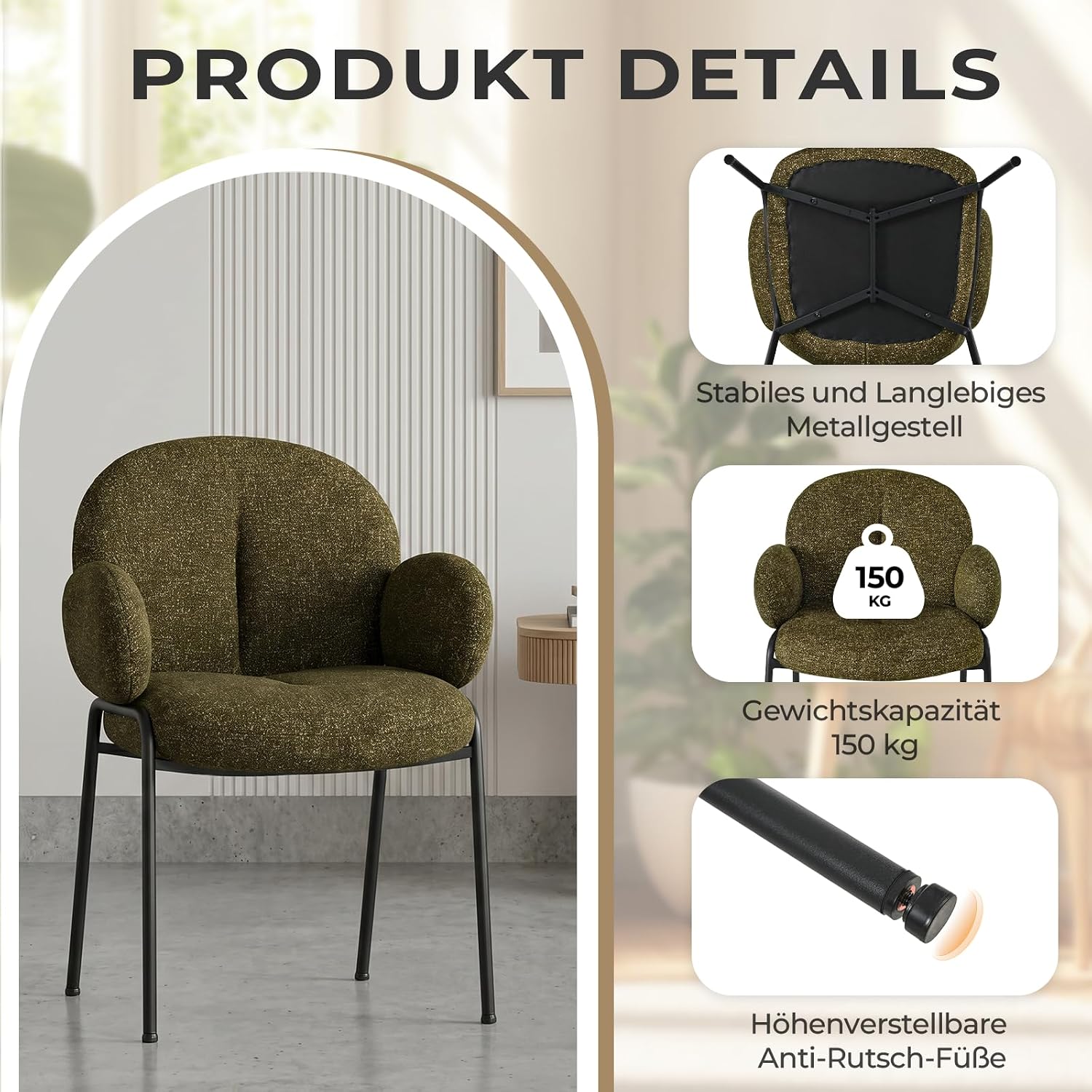Thumbnail 5 de Goeurvant Lot de 4 Chaises de Salle à Manger Vert avec accoudoirs – Dossier ergonomique, assise en mousse mémoire et pieds réglables