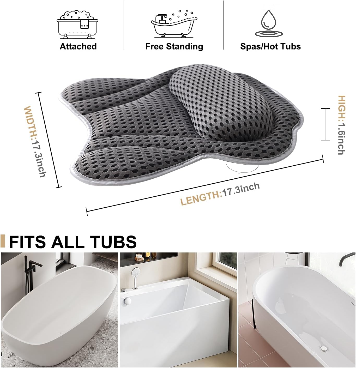 Thumbnail 6 de Idle Hippo BP7502 Bath Pillow with 4D Air Mesh and Suction Cups, Grey