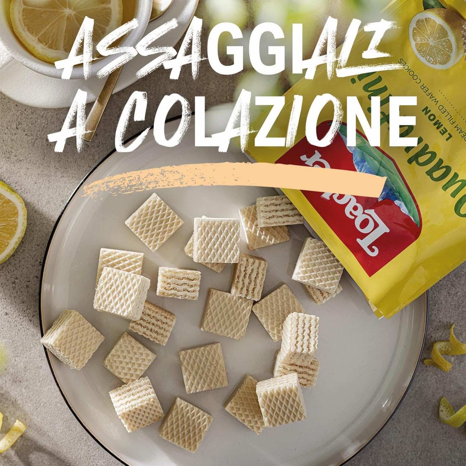 Detalle de Loacker Quadratini Lemon: cubetti croccanti con crema al limone in confezione da 12 sacchettini