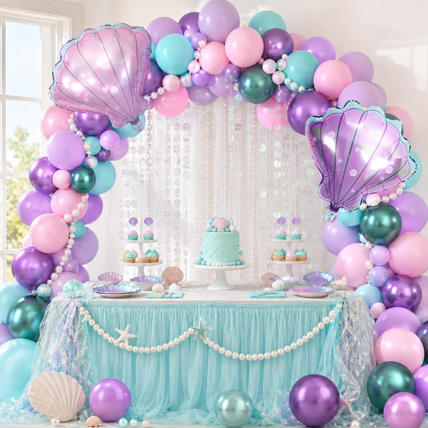 Detalle de Mermaid Balloons Macaron Pink Purple Green Metallic Set with Seashell Foil Balloons for Ocean-Themed Girl Parties