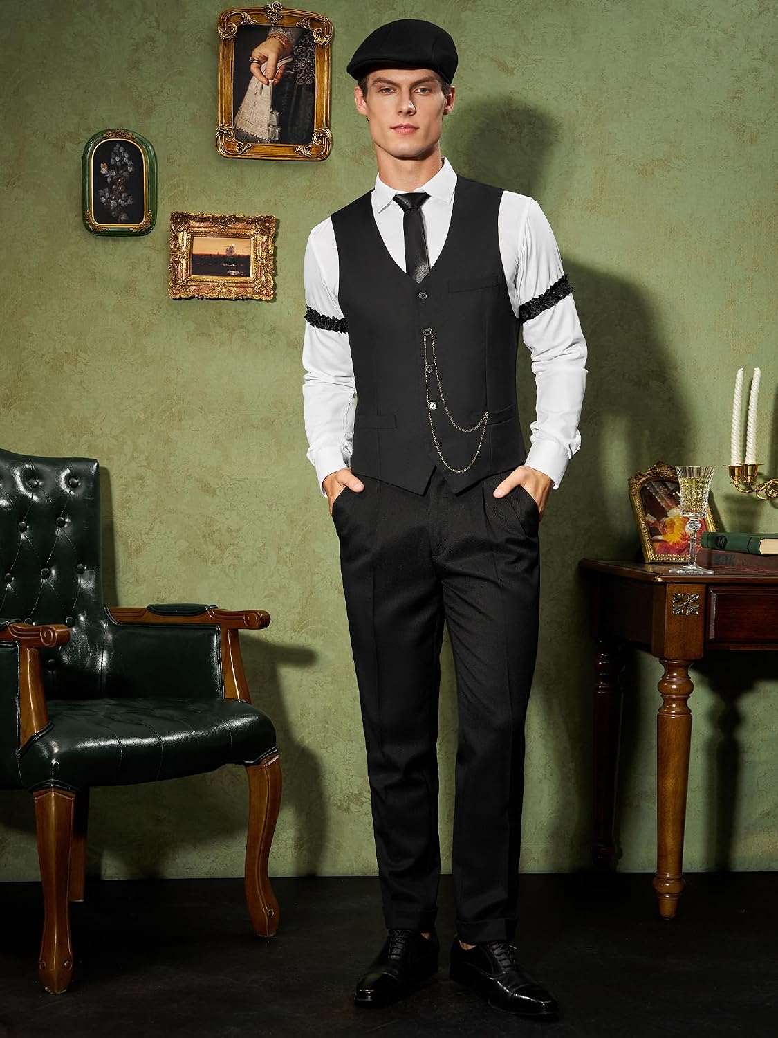 Thumbnail 4 de YESSA 1920s Men's Costume Set with Gatsby Vest, Fedora and Pocket Watch