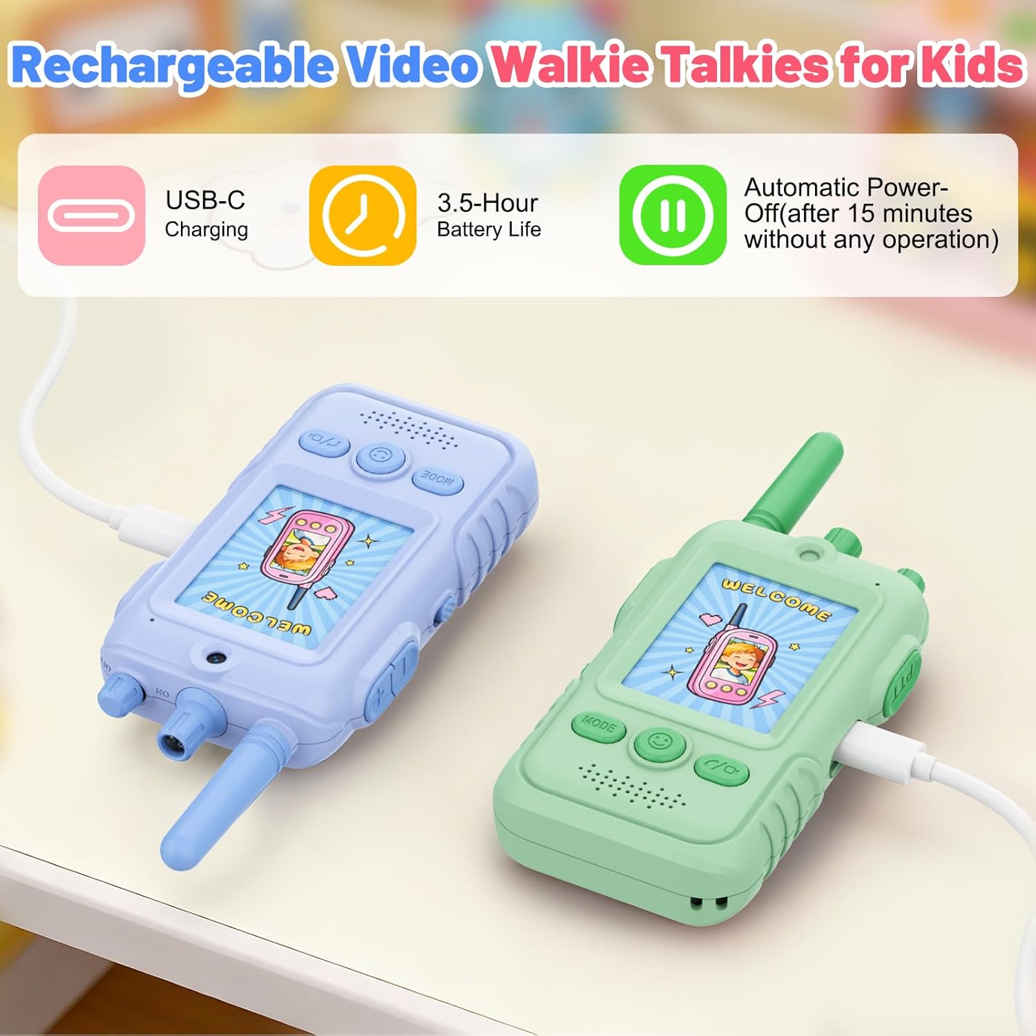 Thumbnail 5 de GREENKINDER Video Walkie Talkie für Kinder mit Kamera (Sprechen & Sehen gleichzeitig) – 2er-Set, aufladbar, mit Gürtelclip & Taschenlampe
