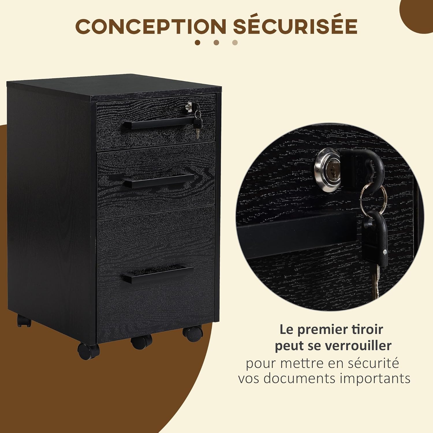 Thumbnail 3 de HOMCOM caisson de bureau à roulettes 3 tiroirs avec serrure