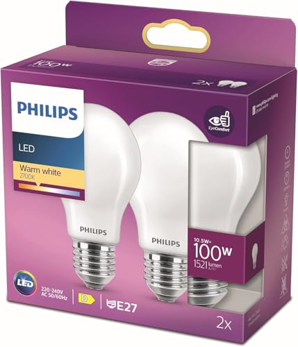 Detalle de Philips ampoules LED Standard E27 100W Blanc Chaud Dépolie – Verre, Lot de 2