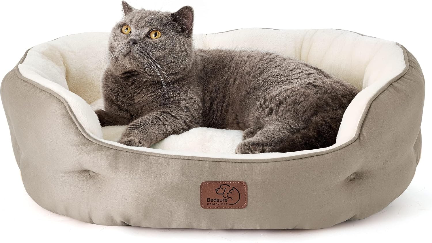 Detalle de Bedsure 25in Camel Round Pet Bed with Plush Fleece and Non-Slip Base