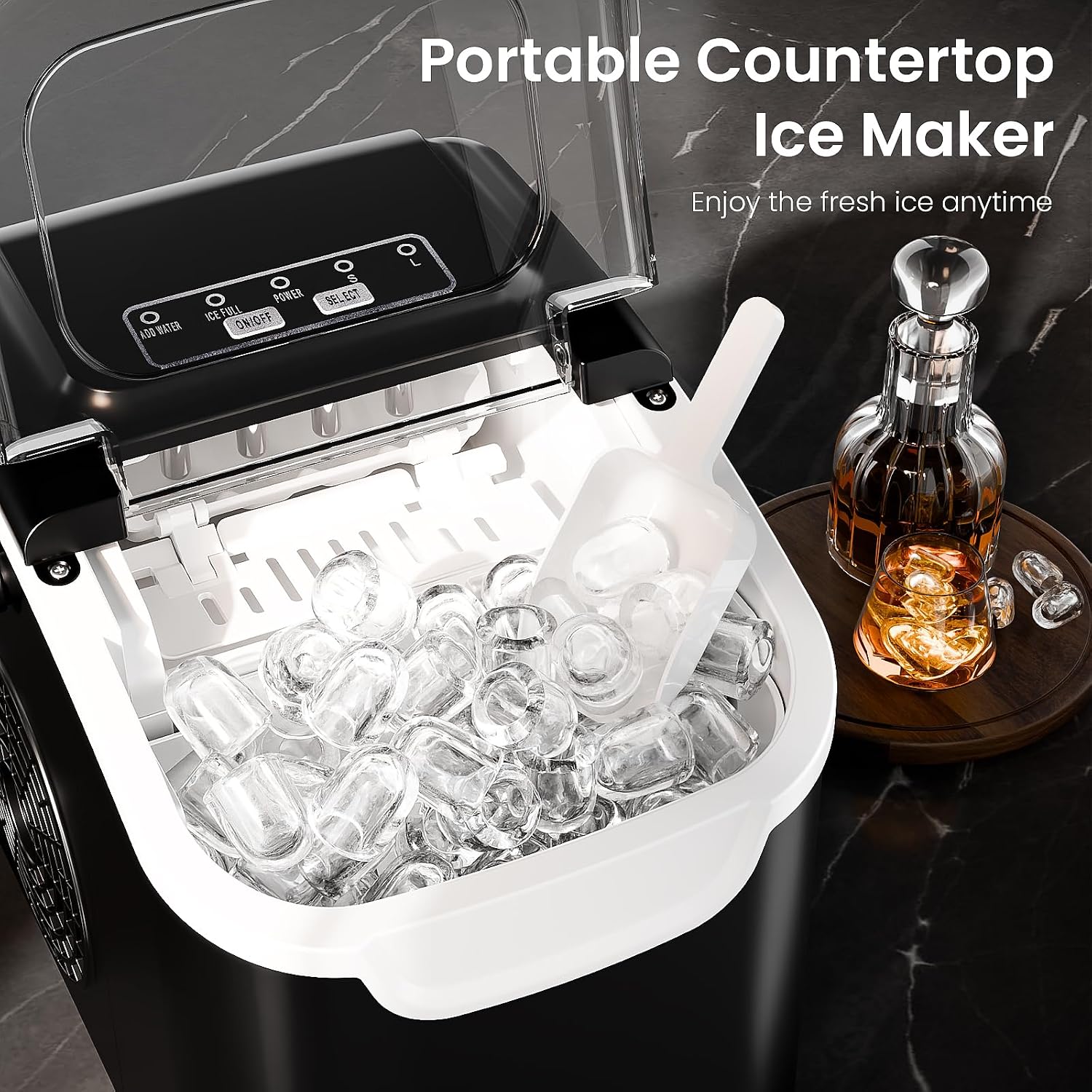 Detalle 2 de Electactic 58012RIMO-BLACK Countertop Ice Maker with Self-Cleaning and Two Ice Sizes