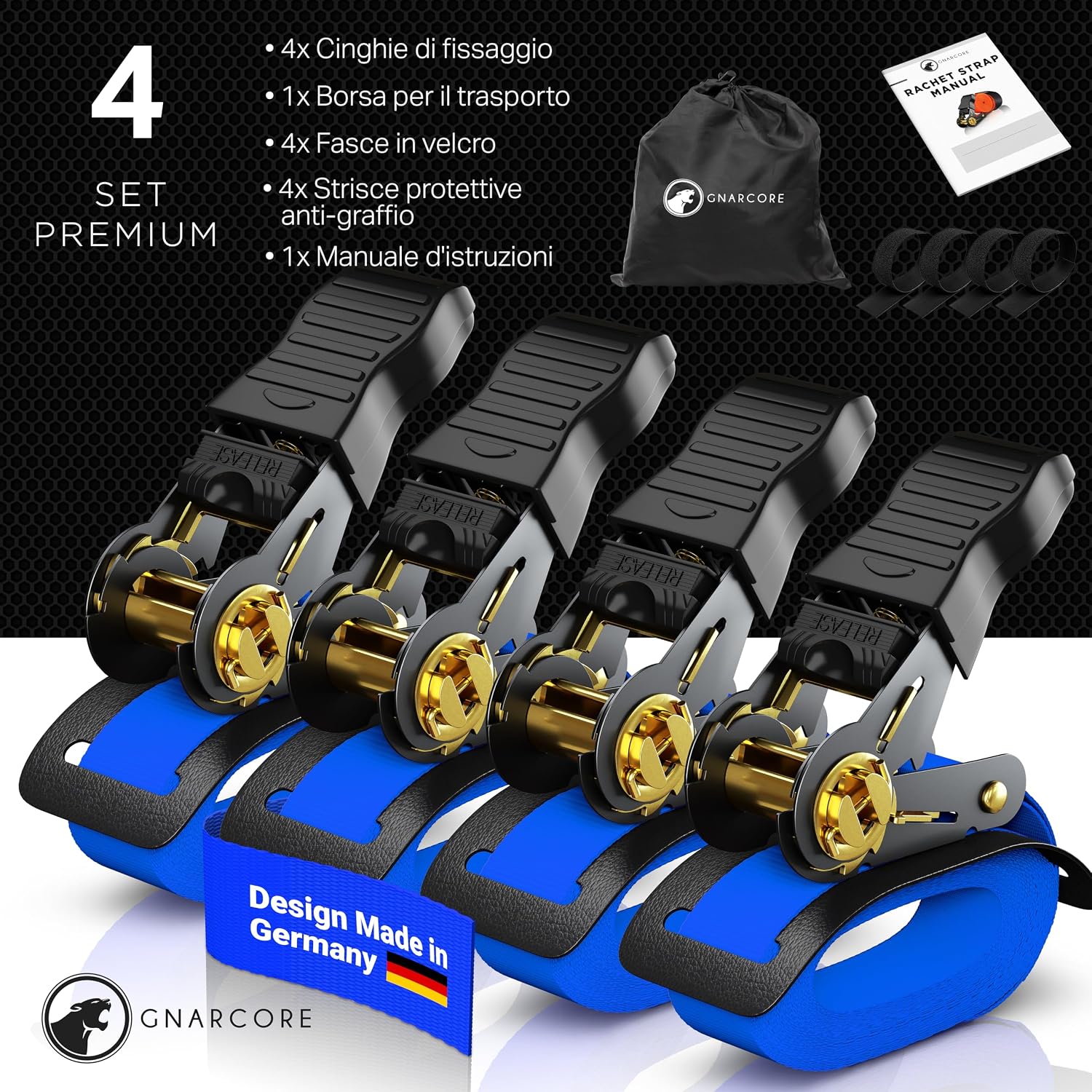Detalle de Cinghie di fissaggio a cricchetto Premium (set da 4) da 800 kg con borsine e certificato DIN EN 12195-2