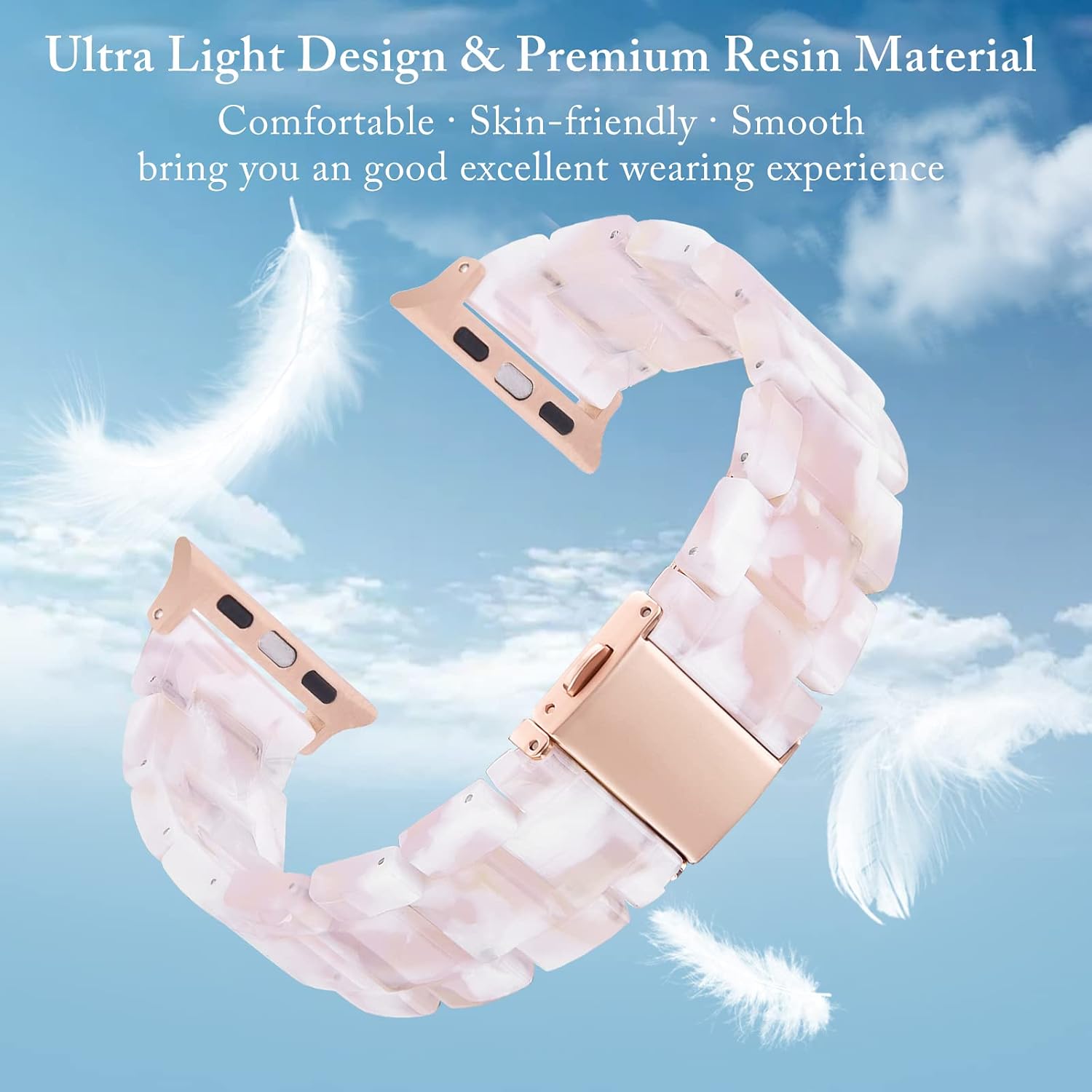 Detalle 2 de V.R.HOPE Modern Resin Straps for Apple Watch (Pink Floral, Rose Gold) – Lightweight 38/40/41/42mm bands