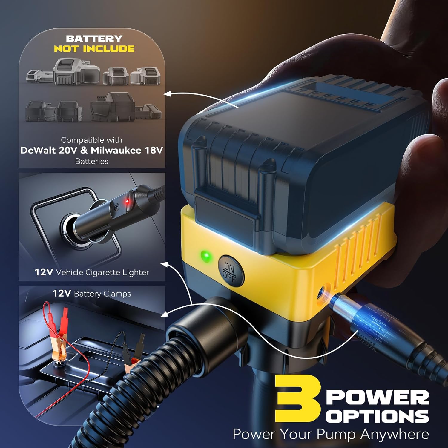 Detalle de DIYtoolifz 5 GPM Cordless Fuel Transfer Pump with Auto Stop, Beep Alert, and Multi-Voltage Compatibility
