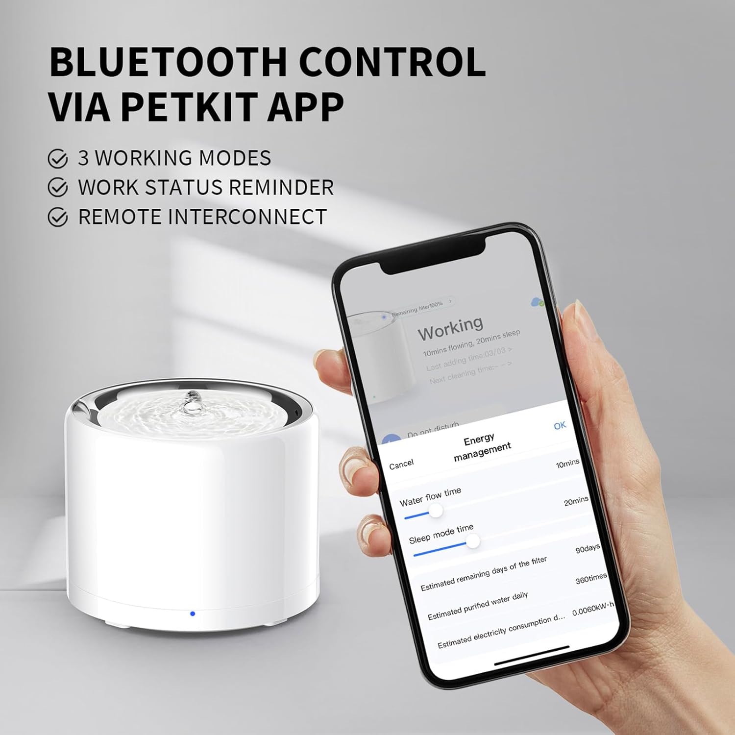 Detalle 2 de PETKIT Cat Water Fountain with UVC Wireless Pump, APP Control and 1.8L Stainless Steel Bowl
