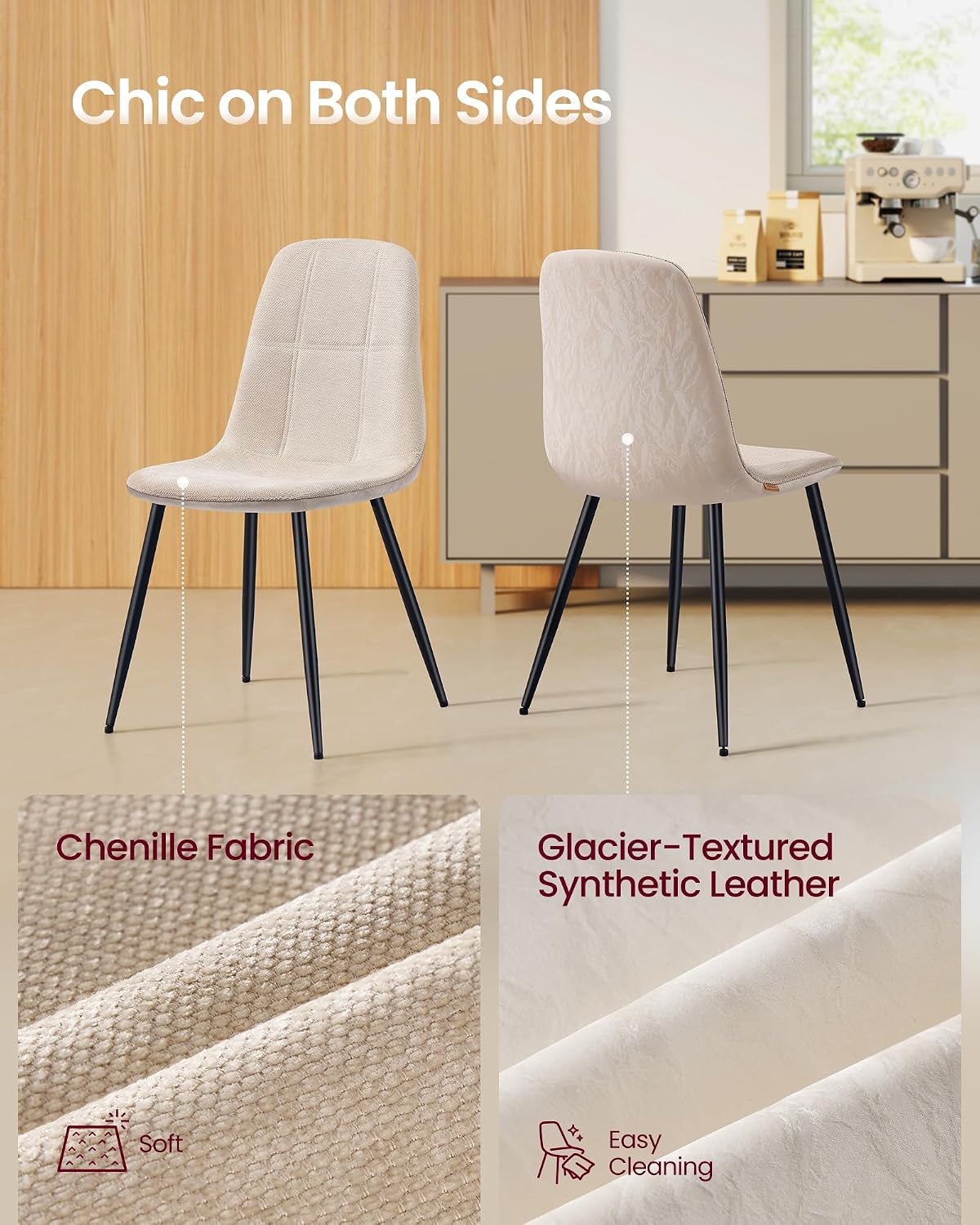 Detalle de VASAGLE UKDC188W01-1 Dining Chairs, Set of 4, Cream White, Steel Frame