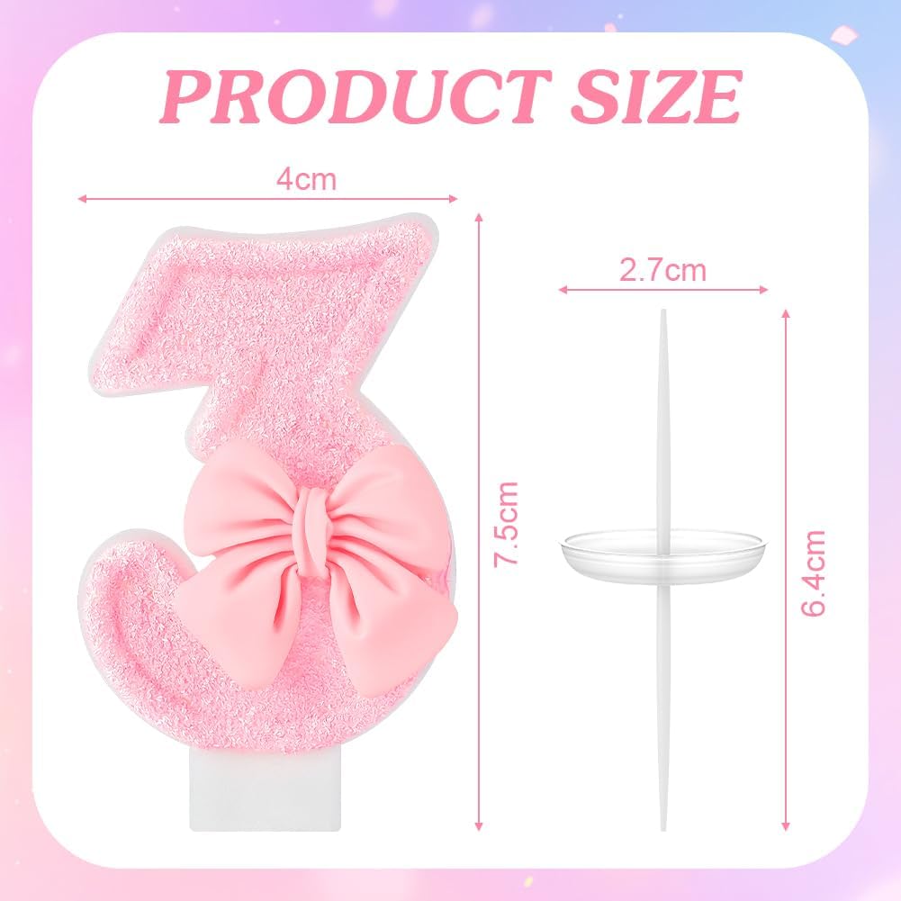 Thumbnail 1 de AYESY verjaardagskaars cijfer 3 met roze strik in 3D-design