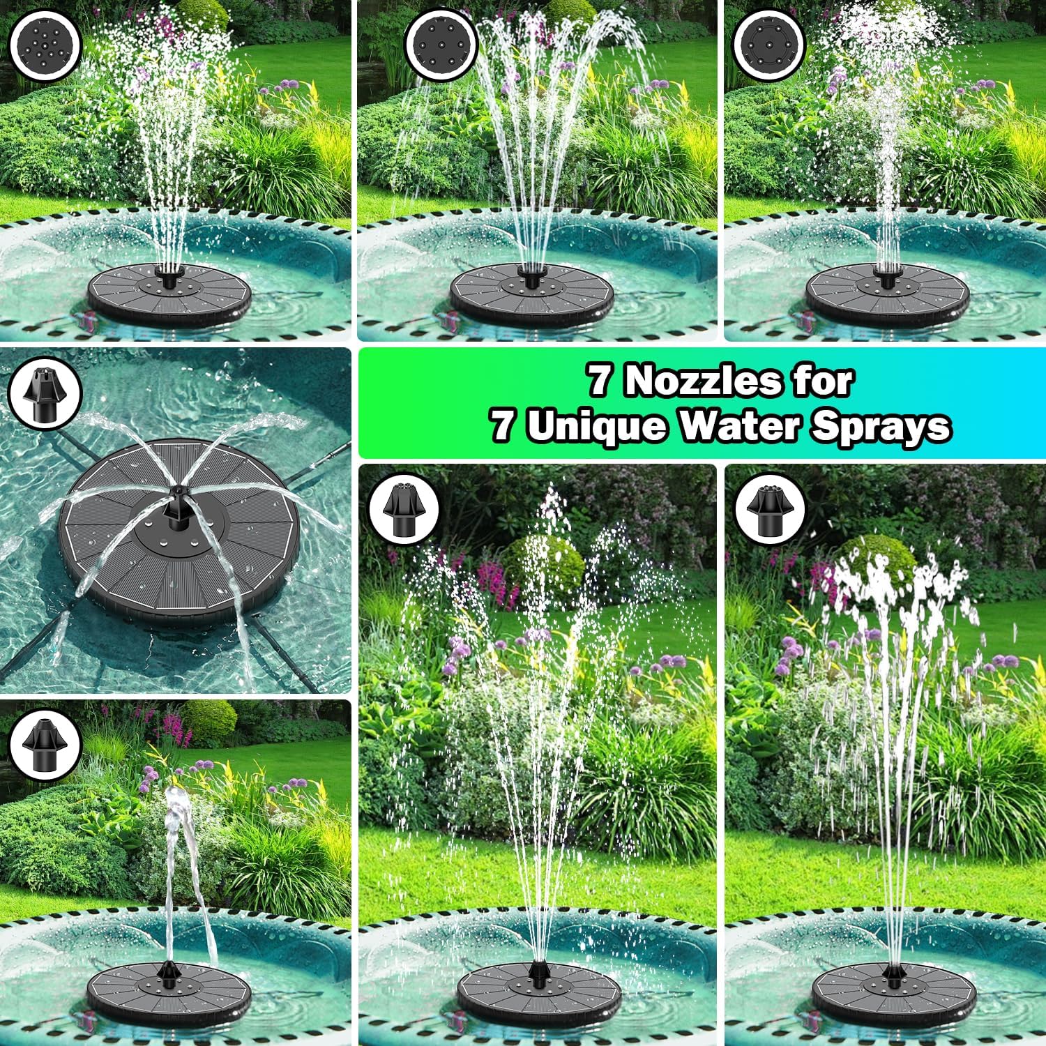 Thumbnail 2 de SZMP Solar Fountain Colorful LED with 3-Level Height, 7 Nozzles and 270° Rotating Rods