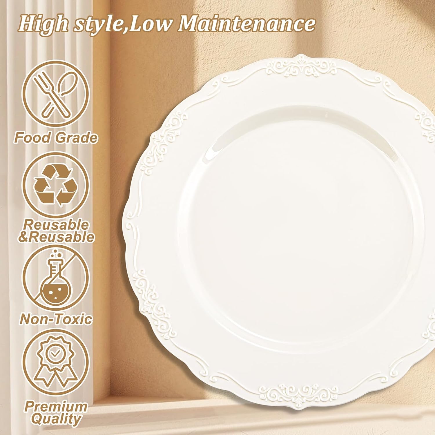 Detalle 2 de DaYammi 60PCS Ivory Plastic Plates – Heavy Duty 7.5 inch Party Plates (Disposable) for Weddings, Birthdays, and More