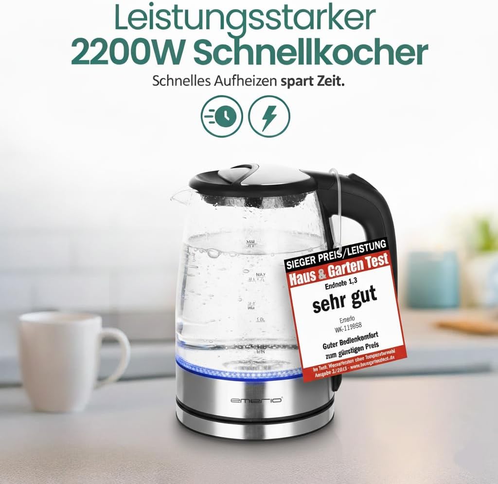 Detalle de EMERIO Glas Wasserkocher 1,7 l – 2200 W, blaue LED-Innenbeleuchtung, 360°-Basis, Auto Off – Preis-Leistung ausgezeichnet
