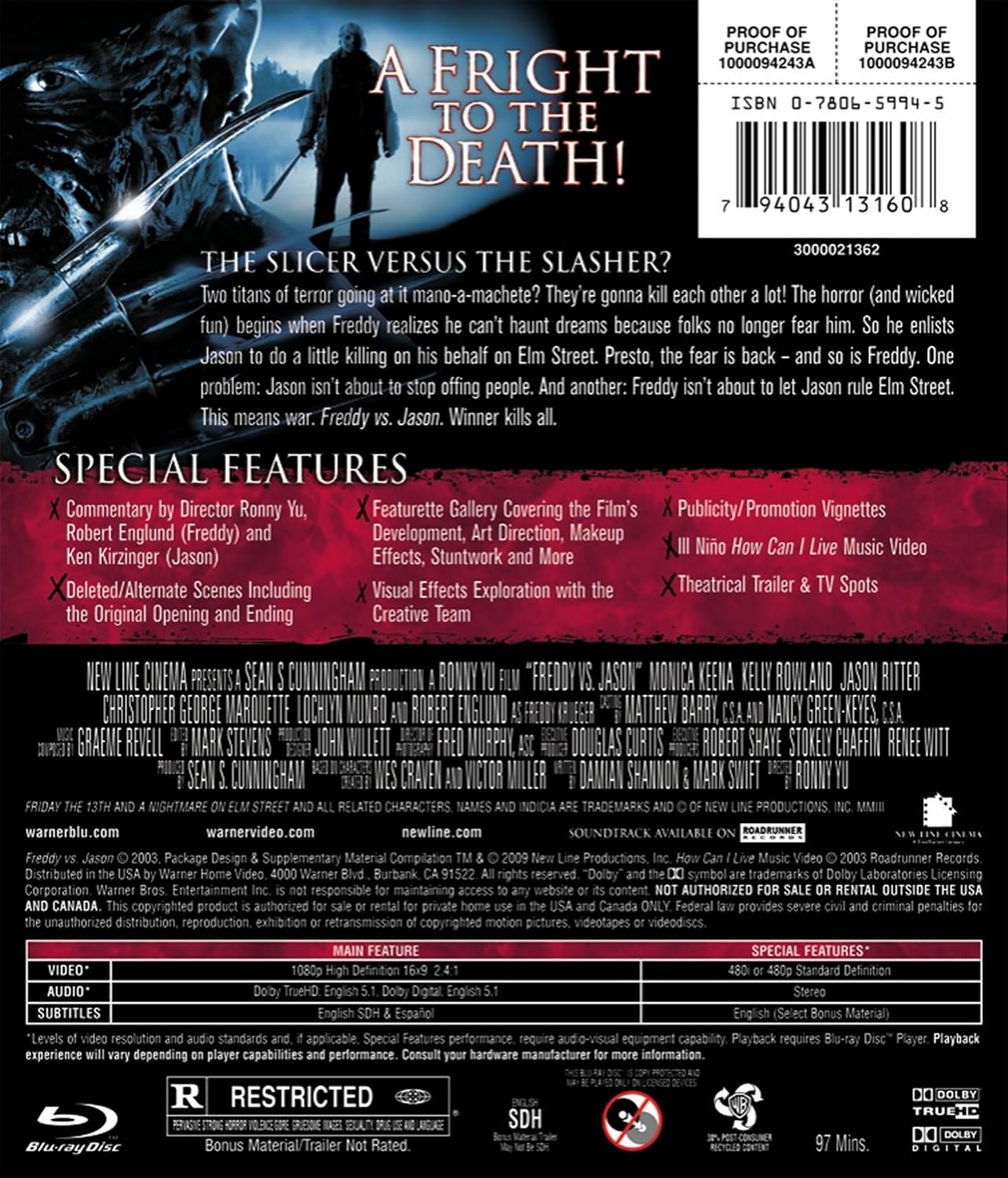 Detalle de Freddy vs. Jason Blu-ray, Widescreen Horror Crossover with Special Features