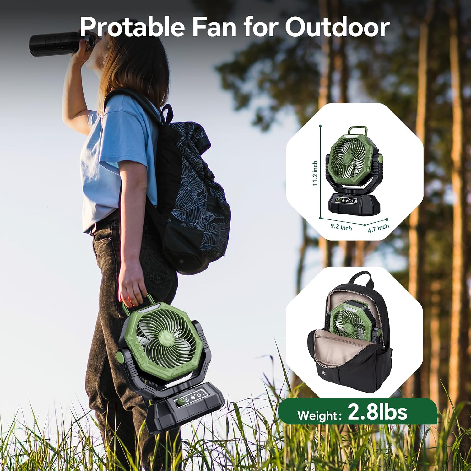 Detalle de Camping Fan with 20000mAh Battery, LED Light & 270° Tilt – Green