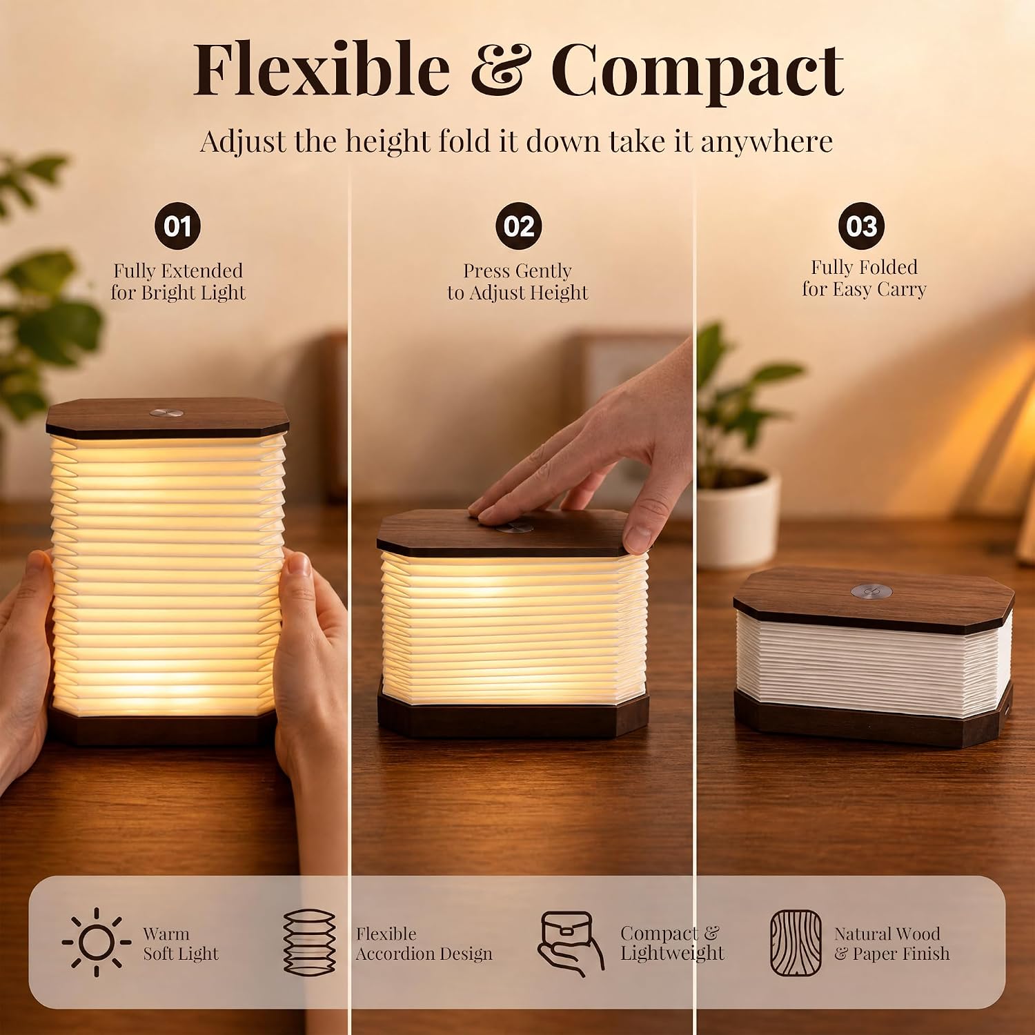 Detalle 2 de Ba suns OL-1-B Folding Accordion Paper Lamp, Rechargeable Touch-Dimmable LED