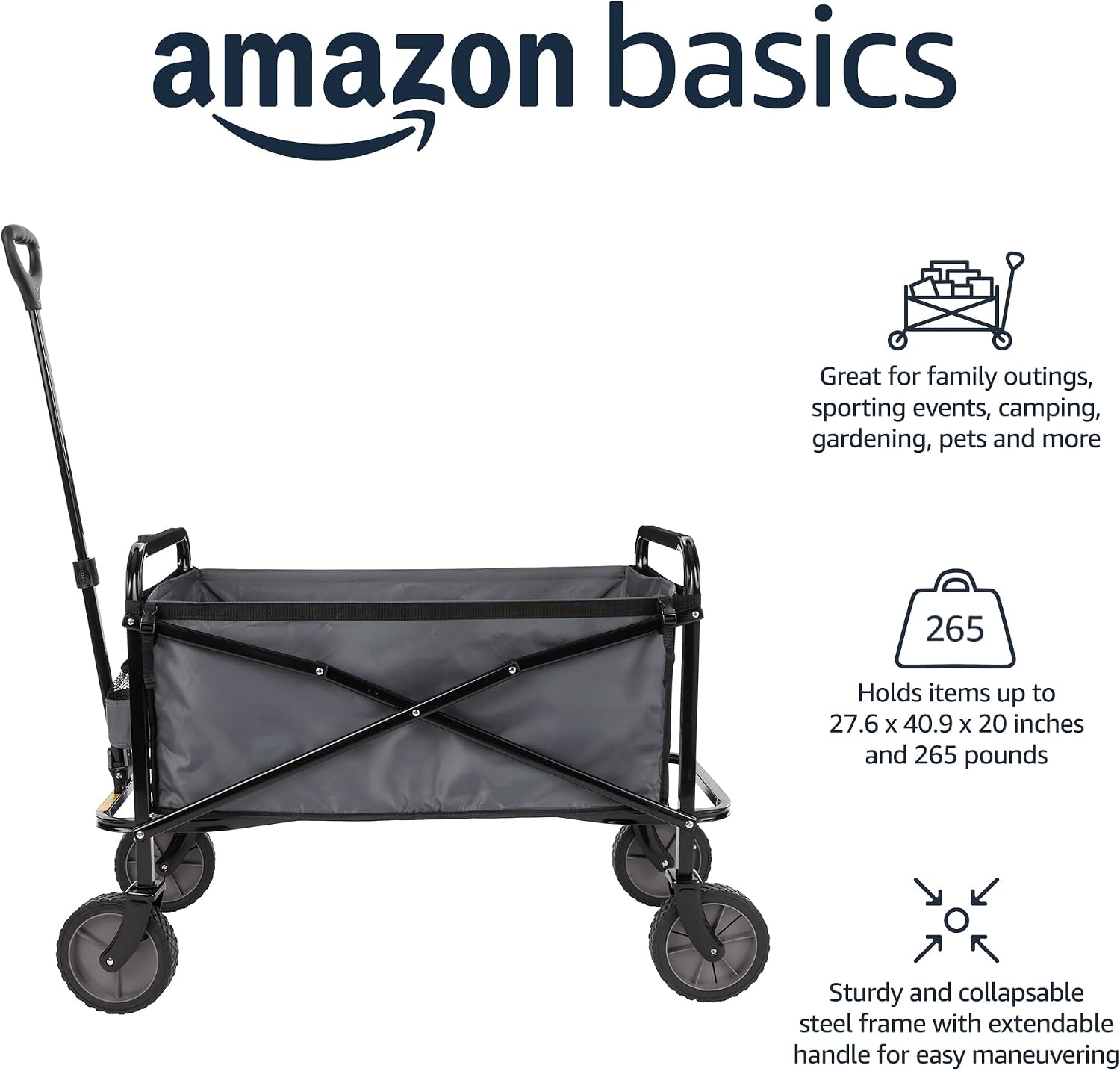 Detalle de Amazon Basics Chariot d’extérieur pliable pour jardinage — 70,1 x 103,89 x 50,8 cm, Gris