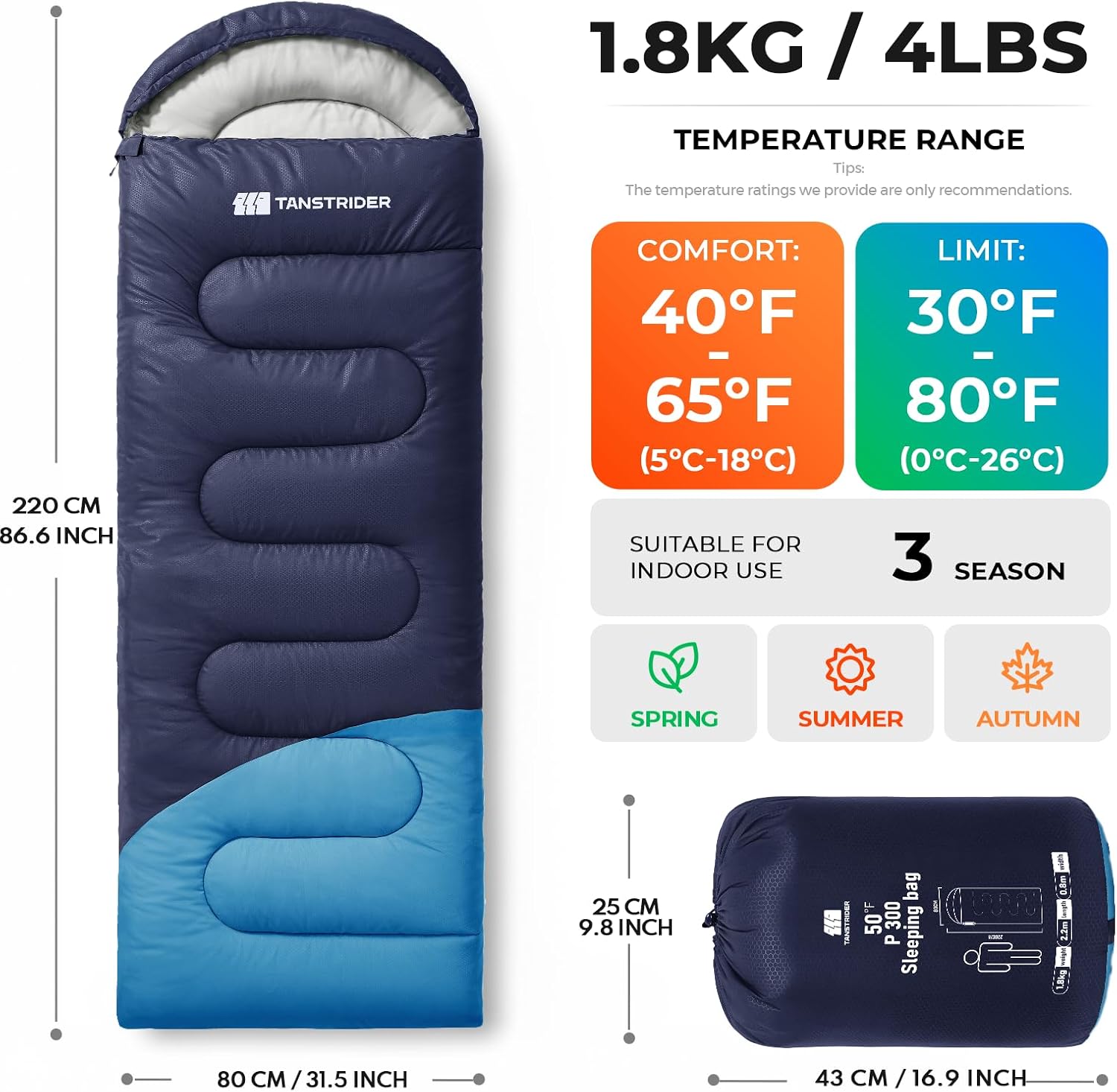 Detalle 2 de TANSTRIDER KJFCB54037258-US01 Sleeping Bag with Compression Sack, Navy Blue