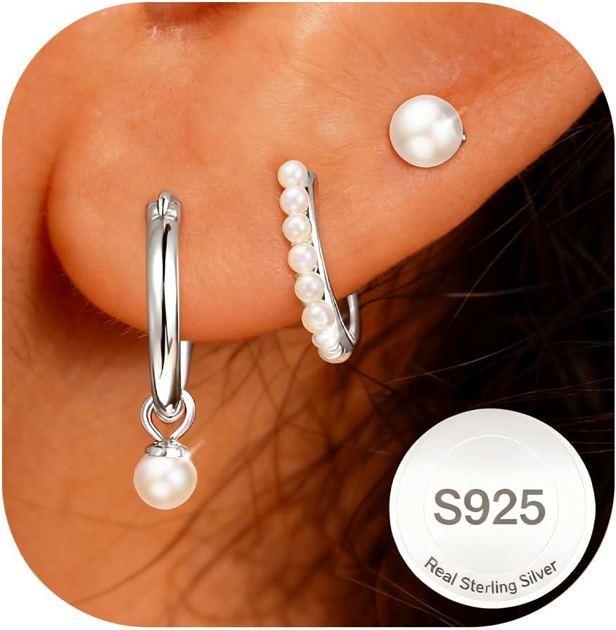 Detalle de AVOTTO 3 Paar Ohrringe Ohrstecker aus Silber 925 mit Zirkonia – hypoallergenes Set für mehrere Piercings