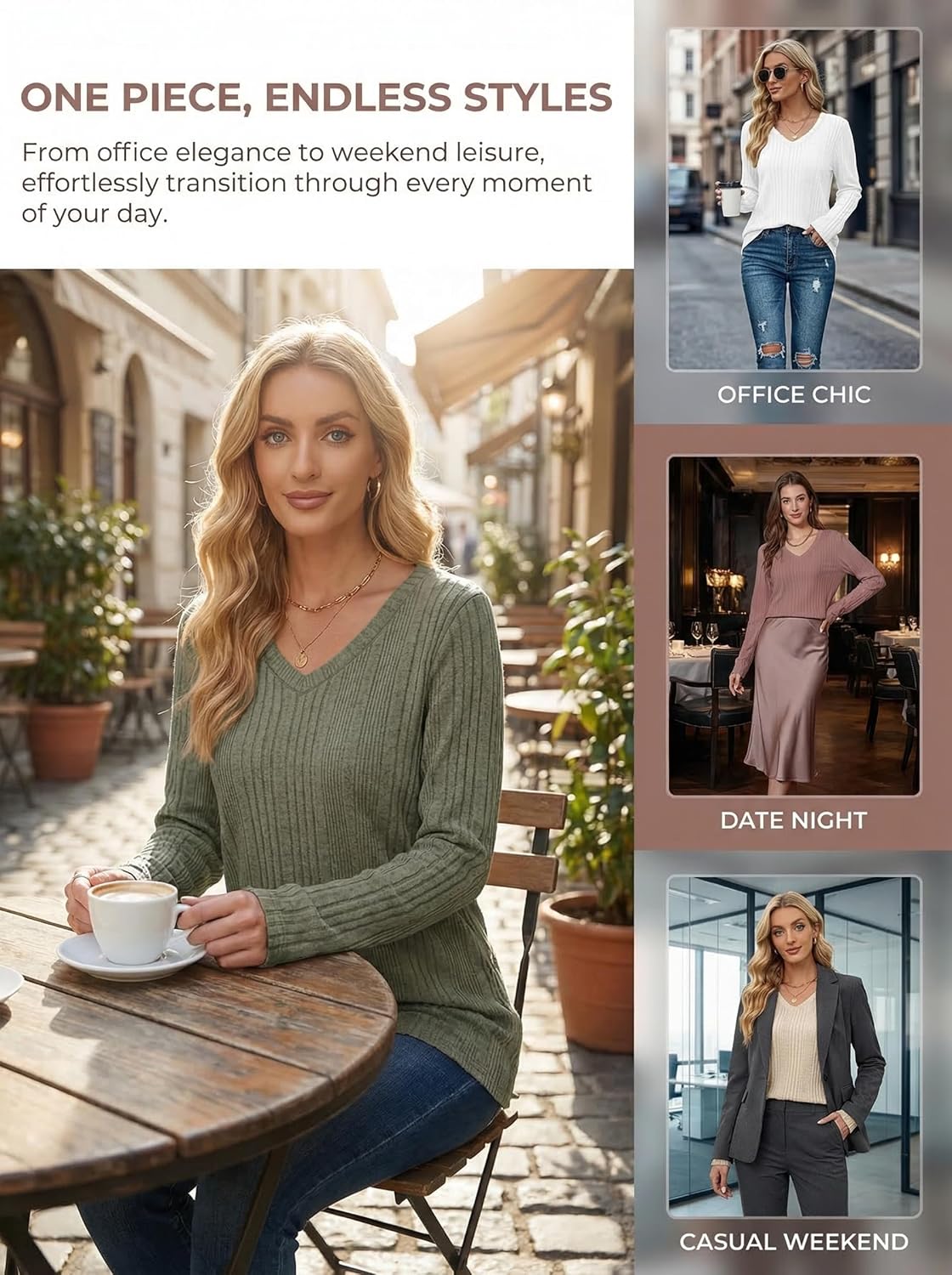 Thumbnail 4 de GLEENOD Pullover Damen V-Ausschnitt Langarm Sweatshirt – Leichtes, einfarbiges Oberteil für Herbst/W Winter