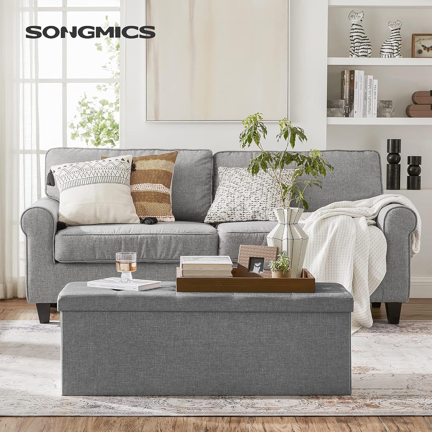 Detalle de SONGMICS MAZIE Collezione Cassapanca e Pouf Contenitore 38 x 110 x 38 cm – Grigio Chiaro