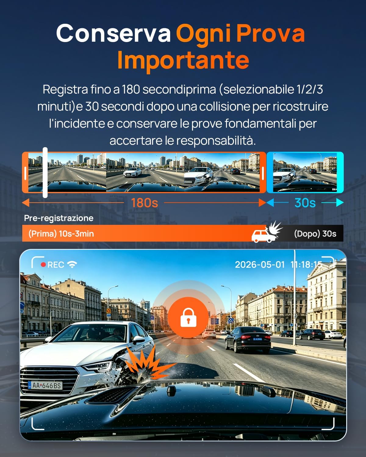 Thumbnail 6 de 70mai A810 Lite Dash Cam Auto 4K + 1080P: Dash cam frontale 4K e posteriore 1080P con GPS, 5GHz WiFi e 4G LTE