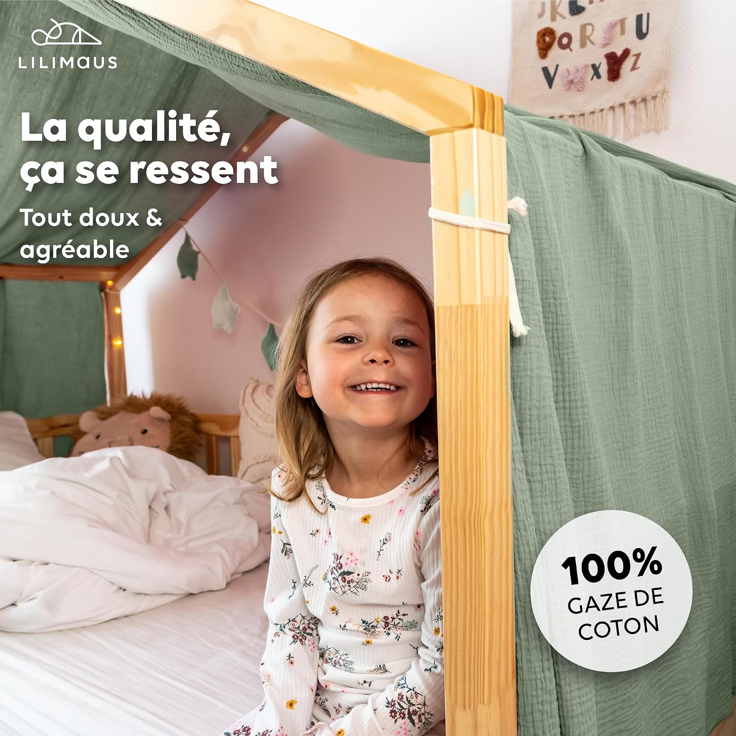 Detalle de lilimaus BH-HB-SINGLE-135x320-GRÜN bedhemel van mousseline katoen, handgemaakt