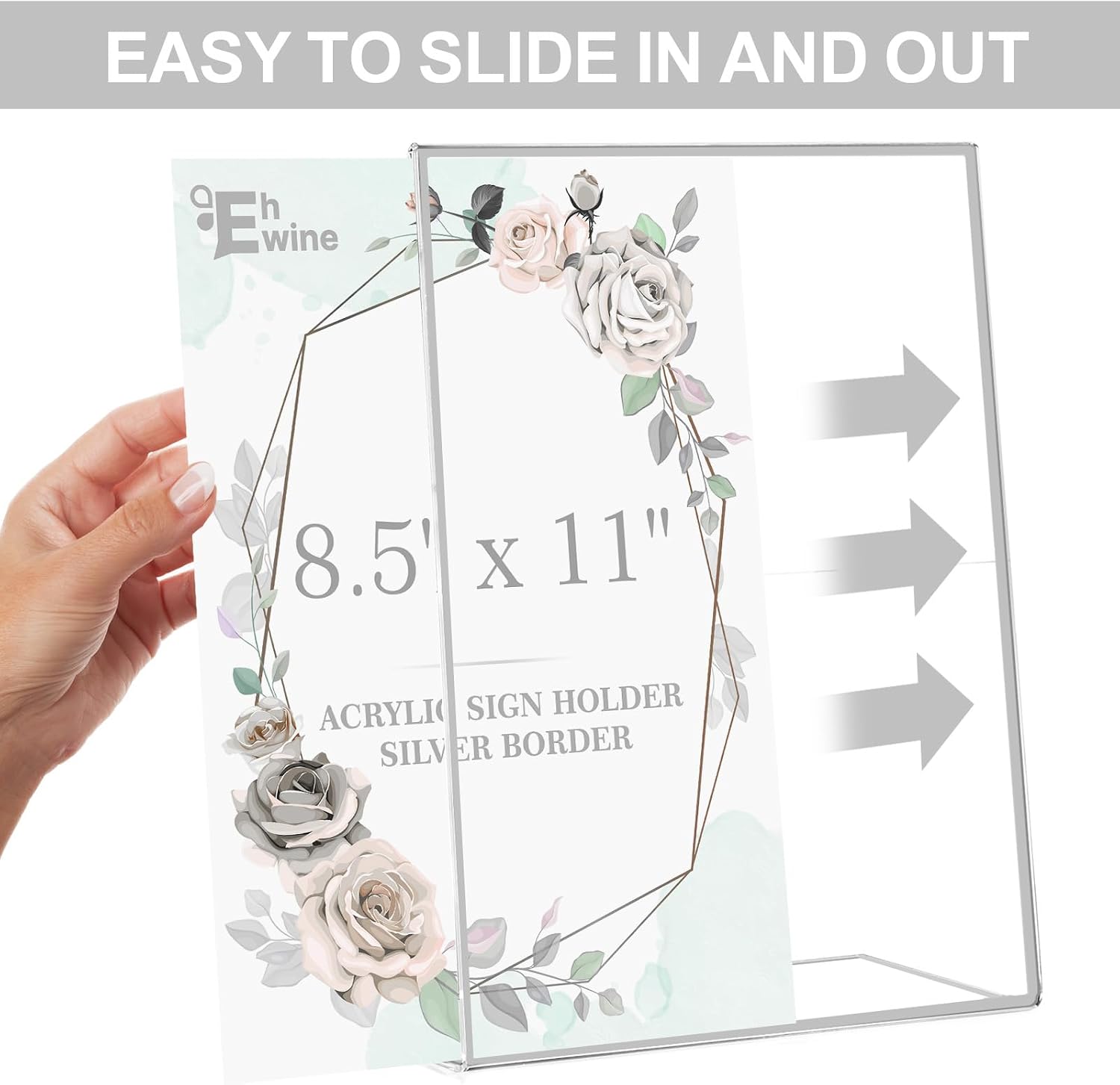 Detalle de EHWINE 1108OSH24S12E Acrylic Sign Holders, 8.5 x 11, Silver, 12 Pack
