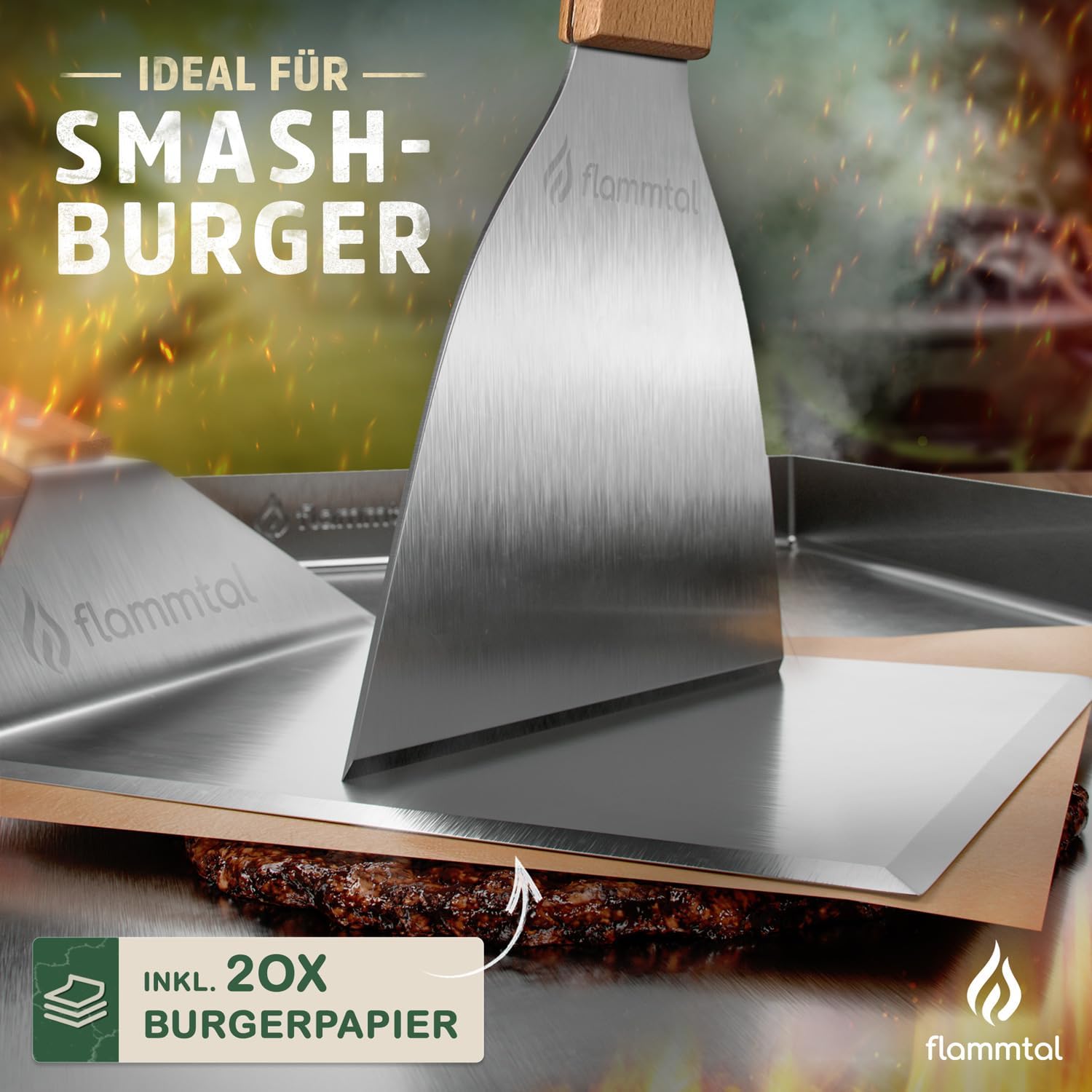 Detalle de Flammtal Smash Burger Set – Edelstahl-Spachtel mit Echtholzgriff und 20 Burgerpapier