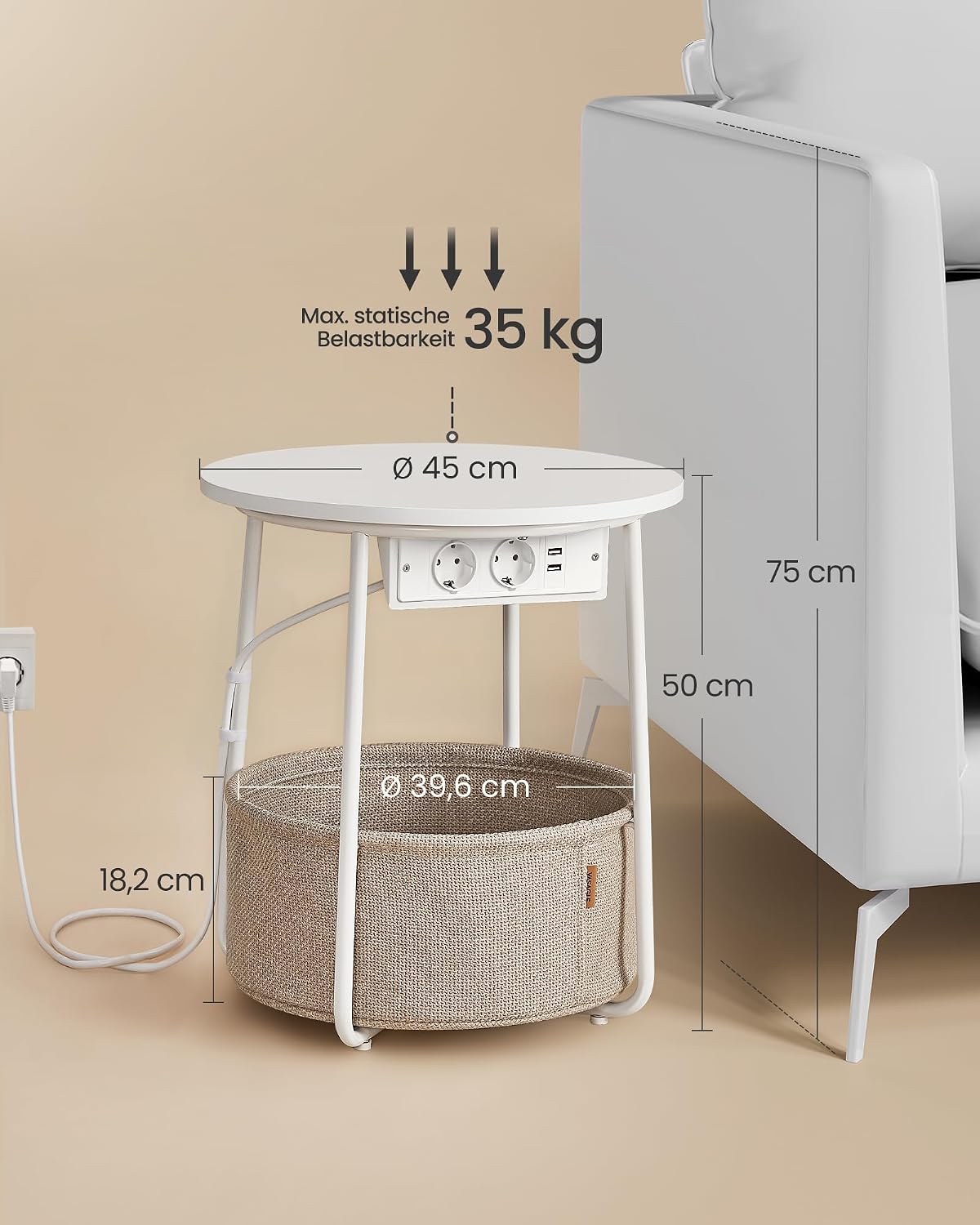 Thumbnail 3 de VASAGLE LILEA Kollektion Beistelltisch rund LET228W02 – kompakter Couchtisch mit Korb und Steckdose