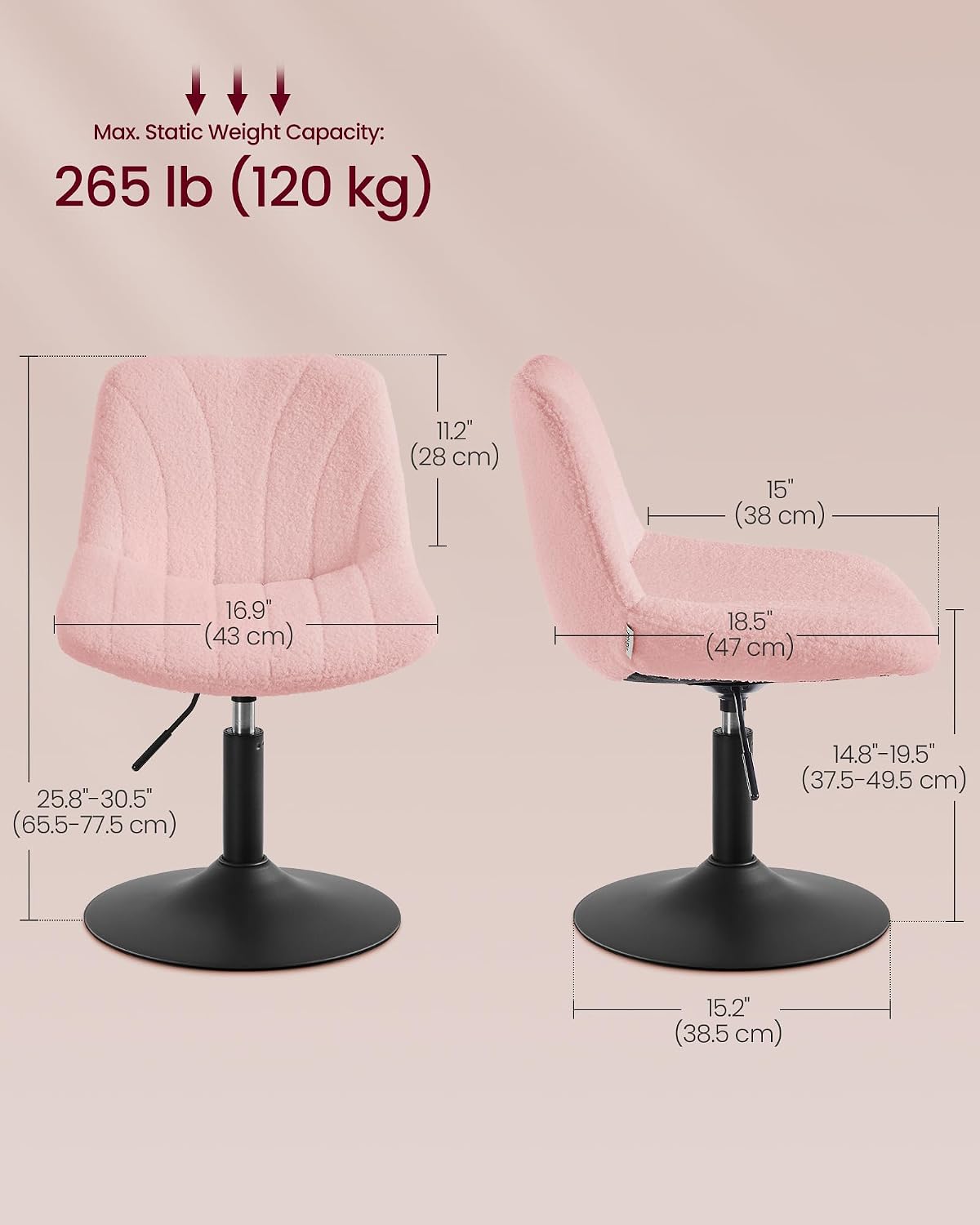 Detalle de VASAGLE Dressing Table Chair (LJB160S101) – Height‑Adjustable, 360° Swivel Bar Stool with Back in Teddy Fleece, Pink and Black