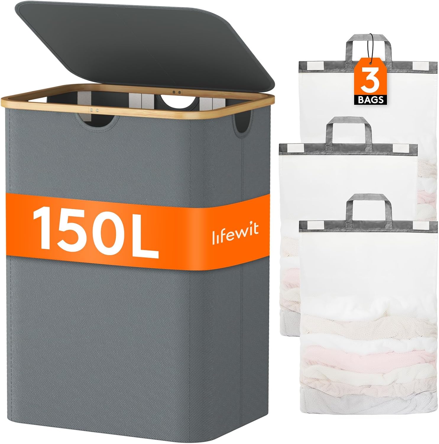 Detalle de Lifewit 23156 wasmand 150 l met deksel, bamboe en 3 uitneembare zakken