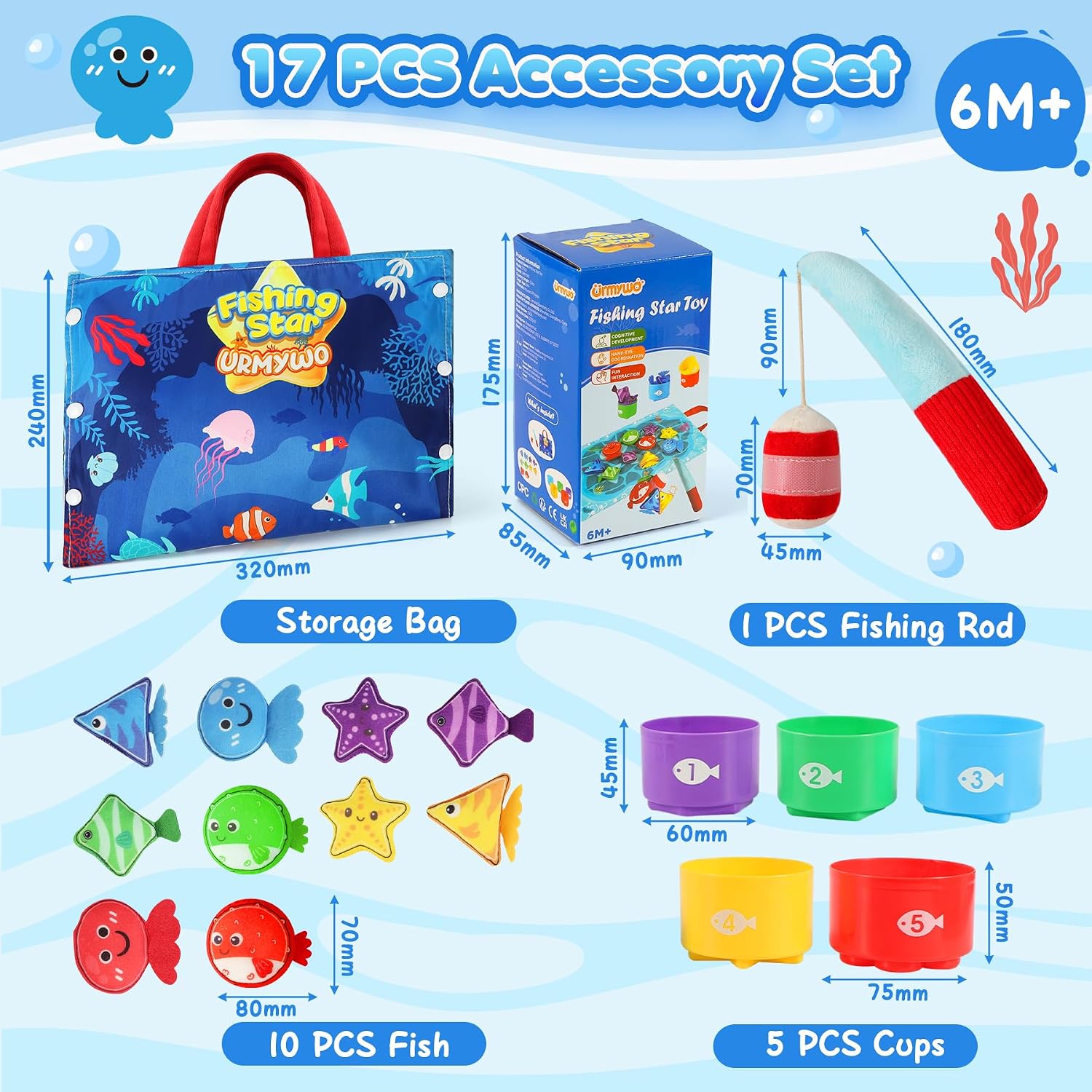 Thumbnail 6 de 17-Piece Montessori Fishing Game for 1-Year-Olds (Cloth Fishing Pole, Stacking Cups, Shape & Color Matching)