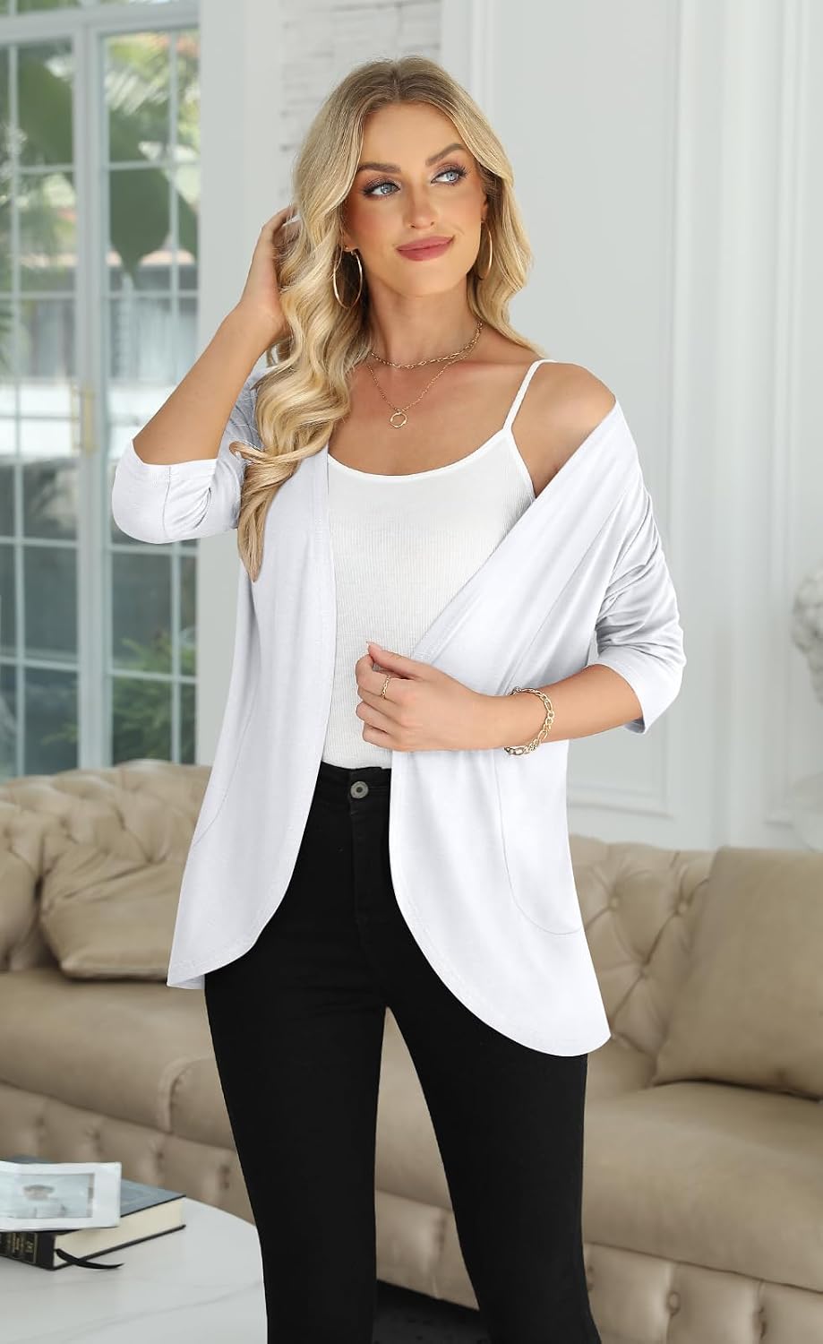 Detalle de Yincro Women’s Casual 3/4 Sleeve Open-Front Cardigan (Lightweight & Soft)