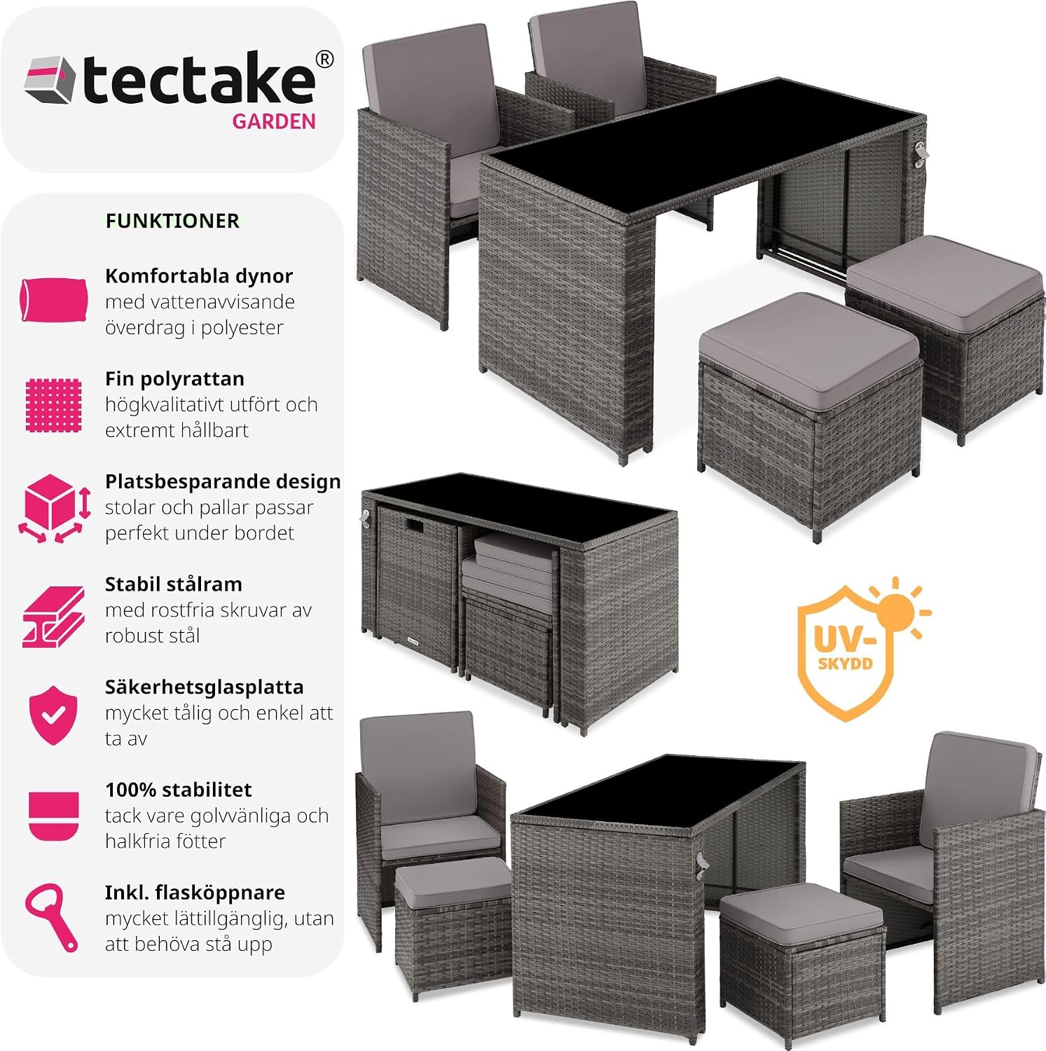 Detalle de tectake Palermo 403562-SE loungeset i konstrotting med fällbara ryggstöd