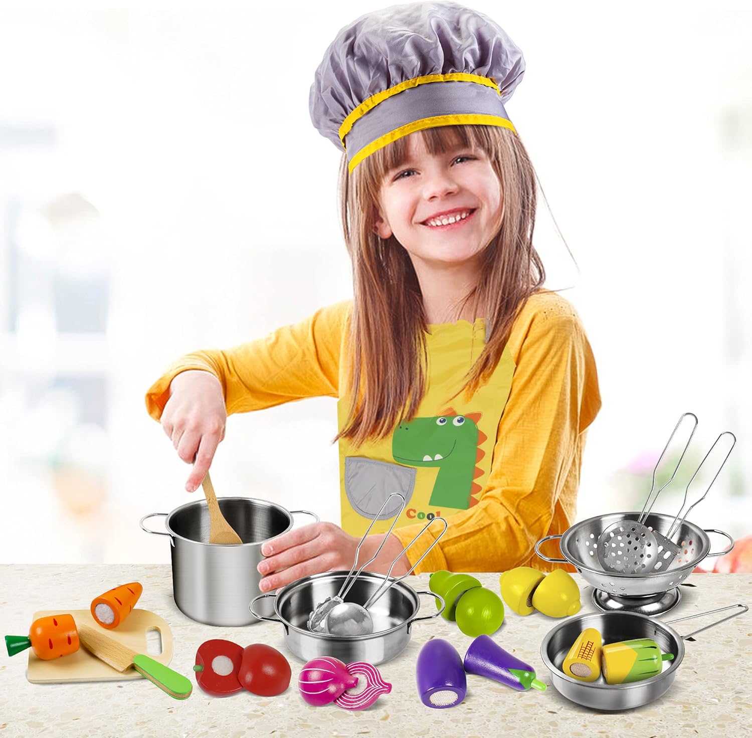 Thumbnail 5 de Sundaymot Play Kitchen Accessories: Wooden Play Food and Stainless Steel Cookware Set