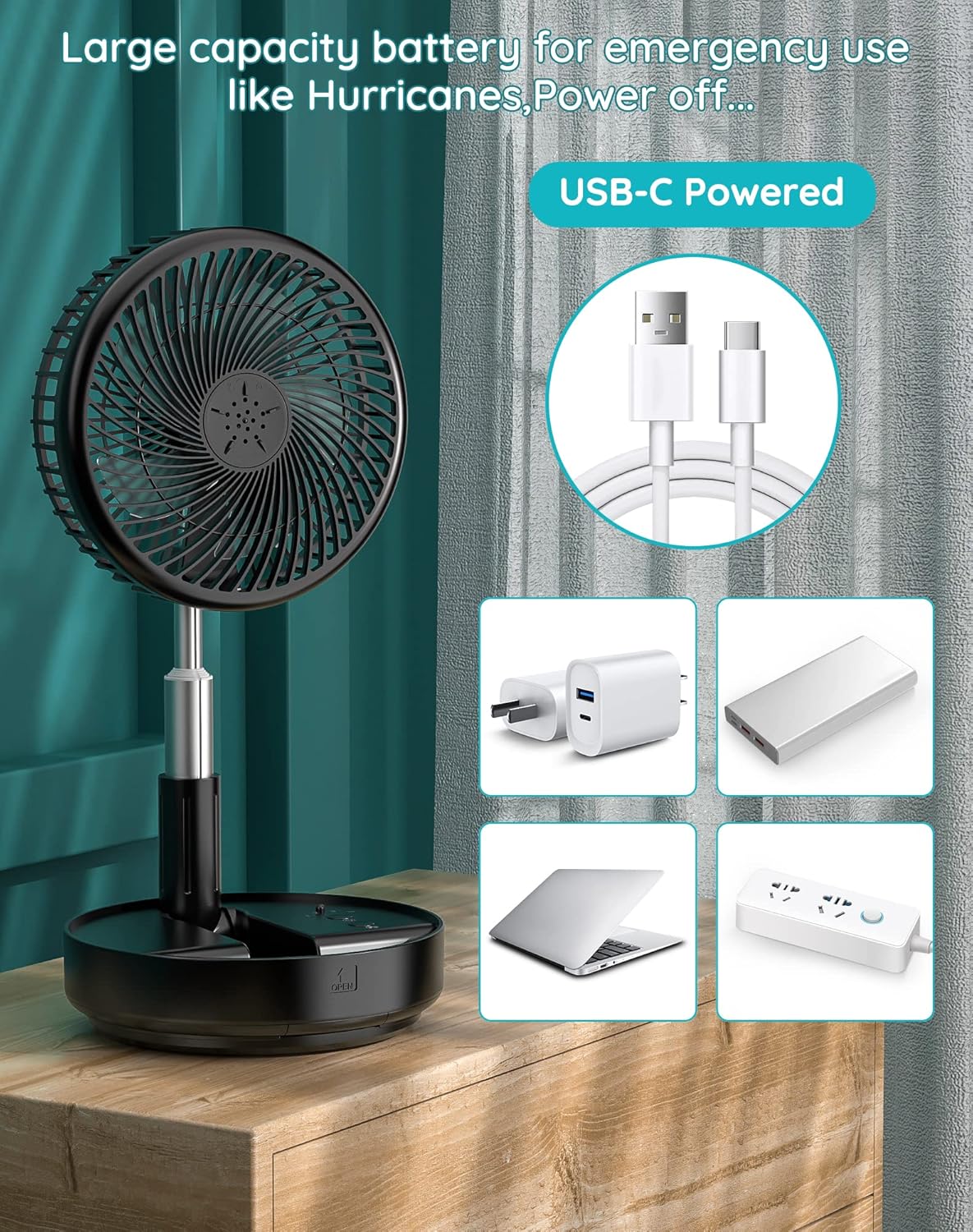 Thumbnail 5 de Primevolve Portable Oscillating Standing Fan with Remote – USB-C rechargeable desk/floor fan, 4 speeds, adjustable height