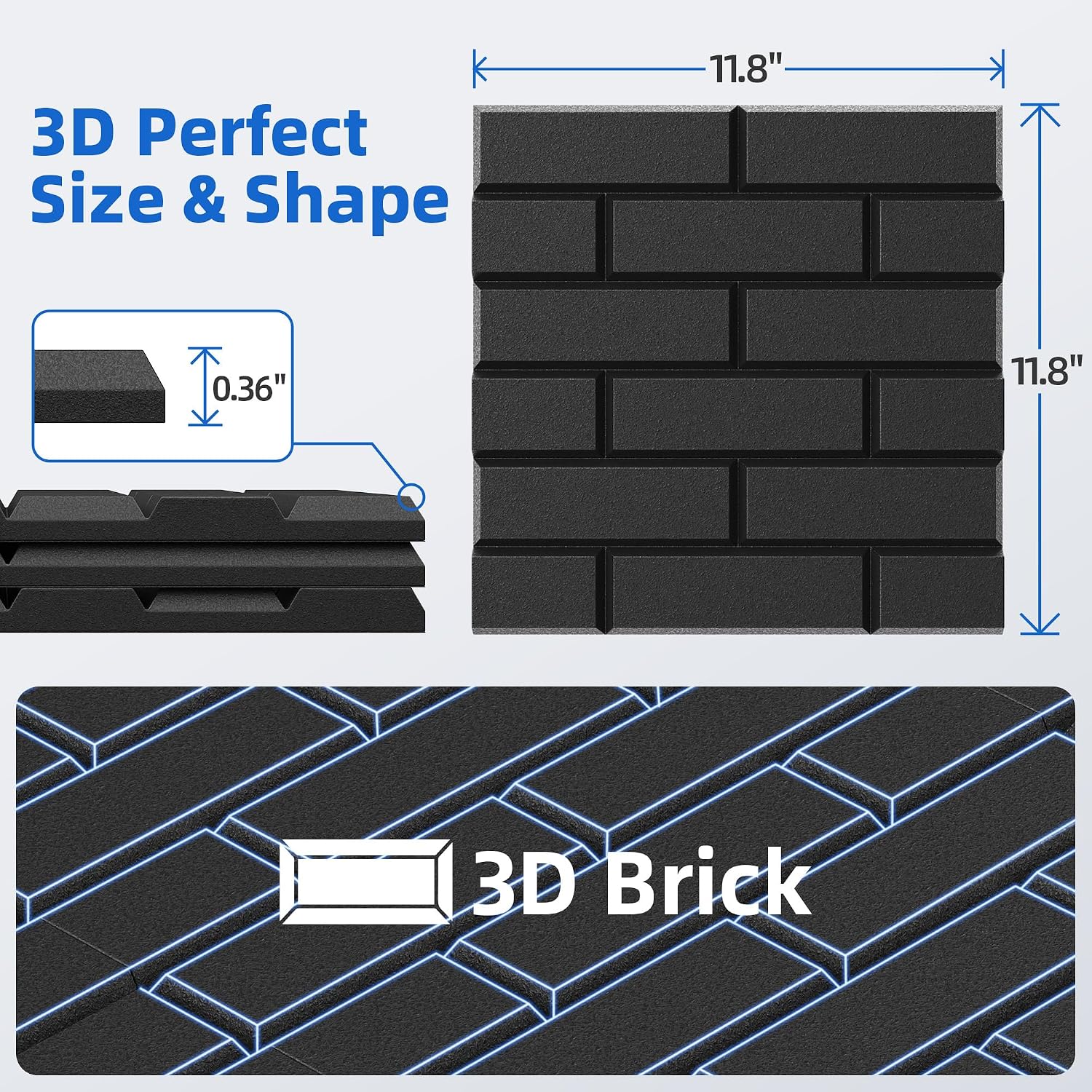 Detalle de NEPIS Brick-Black-20-1 Acoustic Panels, 20-Pack Self-Adhesive Black Wall Tiles