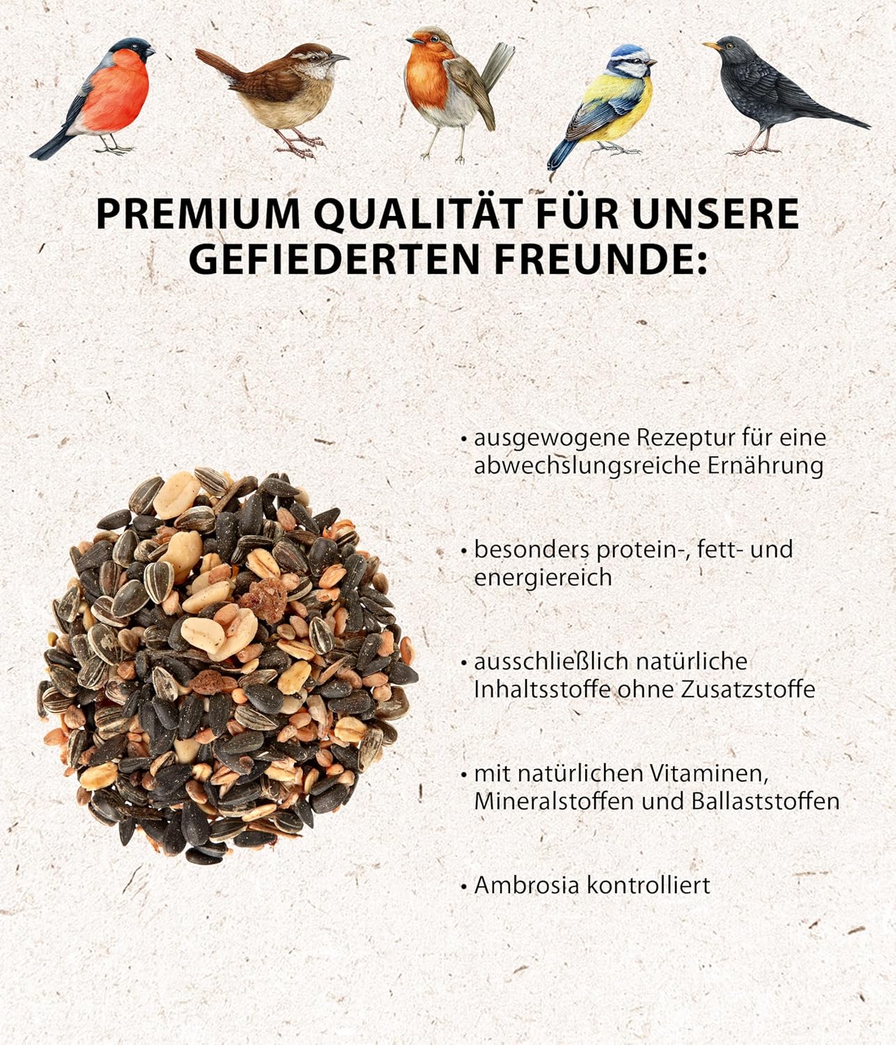 Detalle de Dehner Natura Premium Wildvogelfutter – Streufutter, ganzjährig proteinreich und energiereich, 20 kg