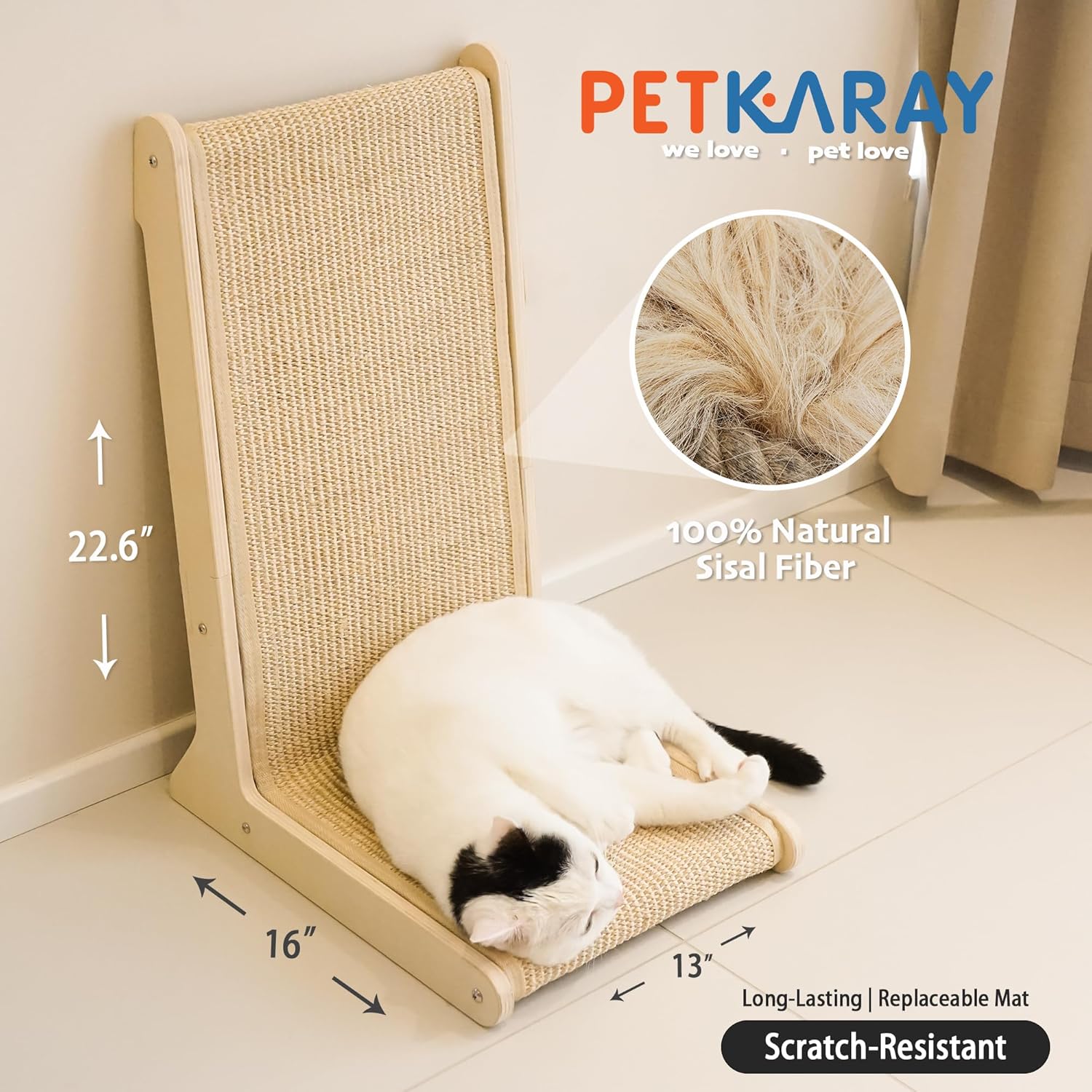Detalle de PETKARAY 105° Sisal Cat Scratcher — 57cm High, L-Shaped Post for Indoor Cats, Floor Mounted with Catnip
