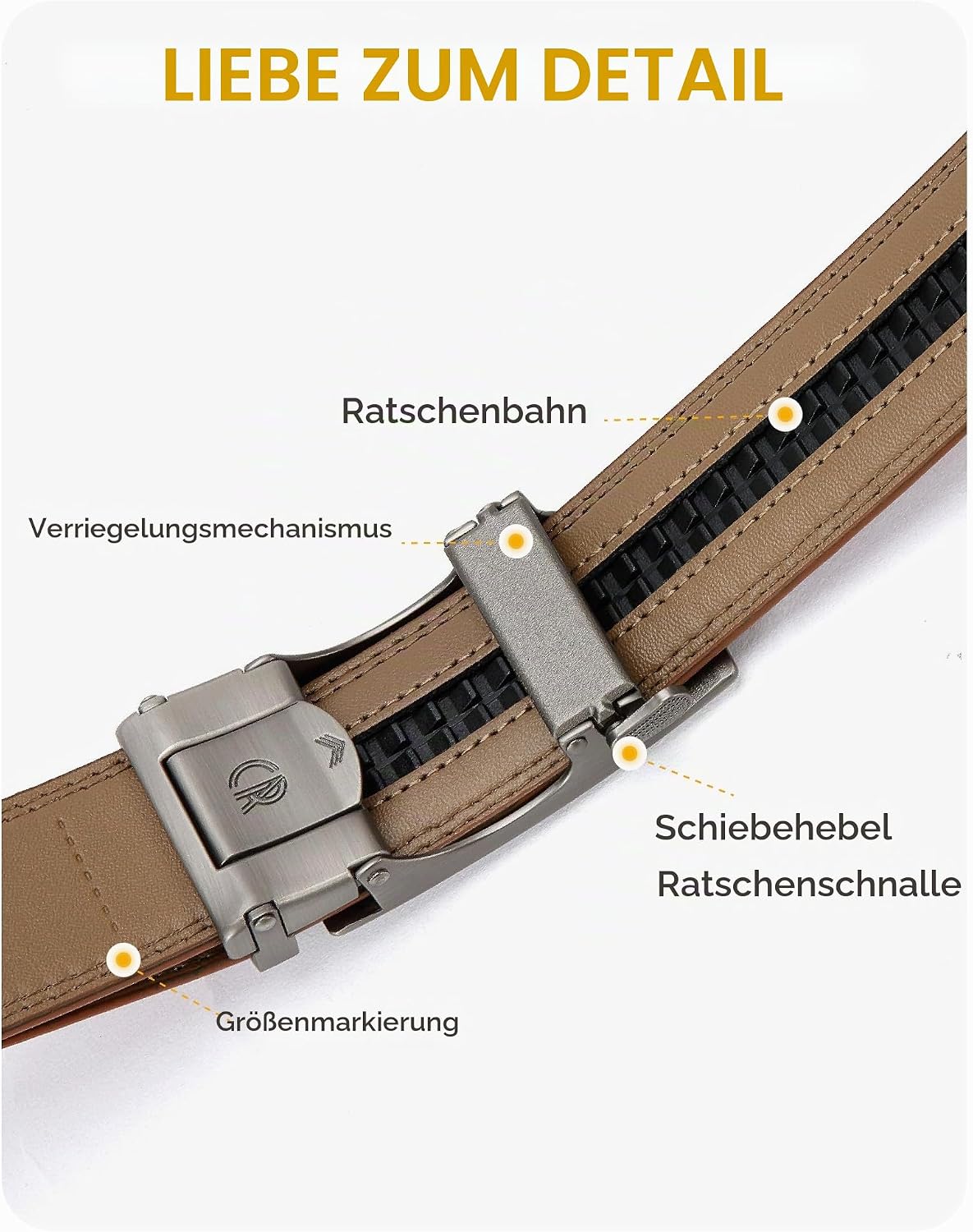 Detalle de CHAOREN Herren Automatik-Gürtel Buckley (Ratsche, 35 mm) – lederner Schiebegurt ohne Löcher