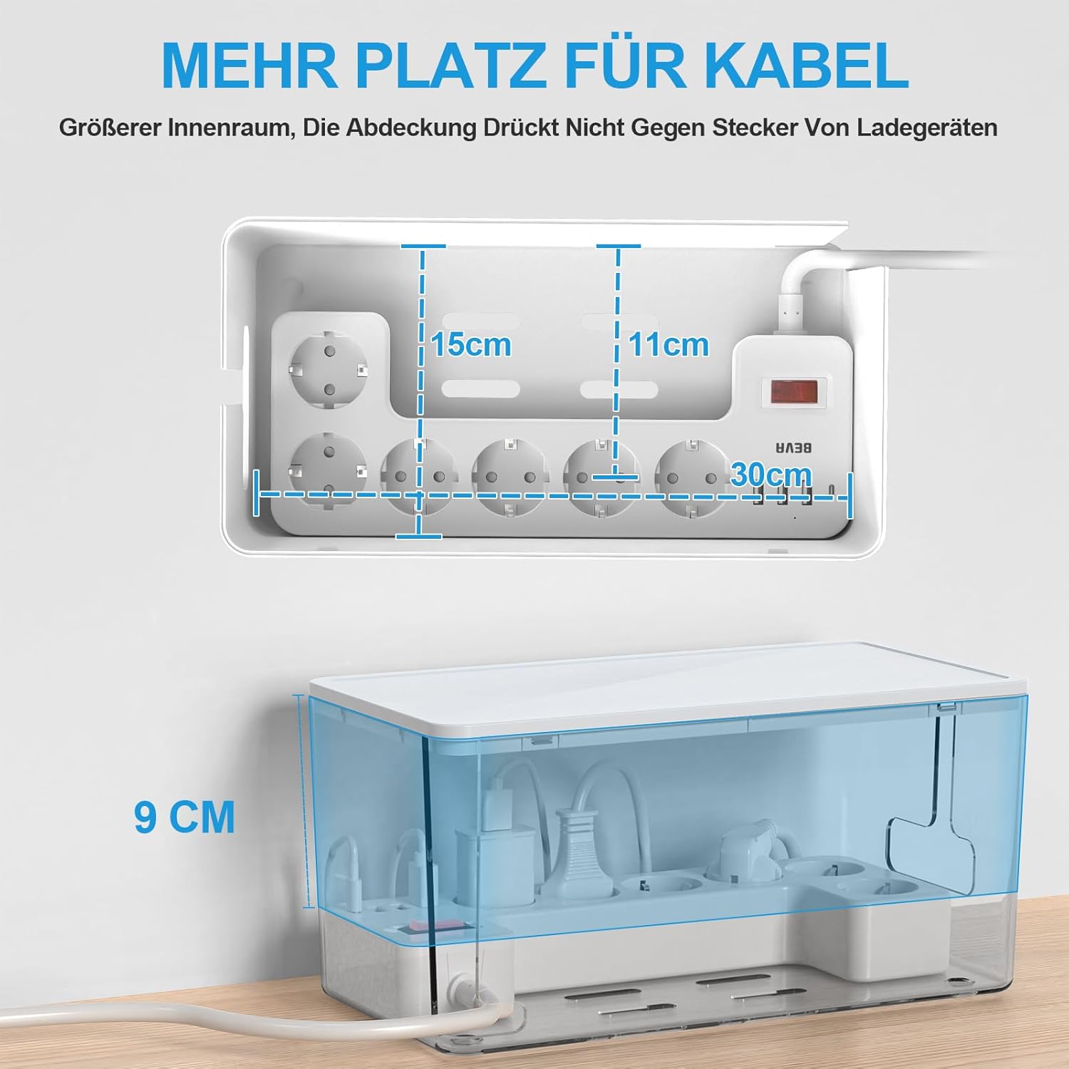 Detalle de Kabelbox mit versteckter Mehrfachsteckdose – 10-in-1, 3680W/16A, 1050J Überspannungsschutz, 2 m Kabel, 6 Steckdosen + 3 USB-A + 1 USB-C