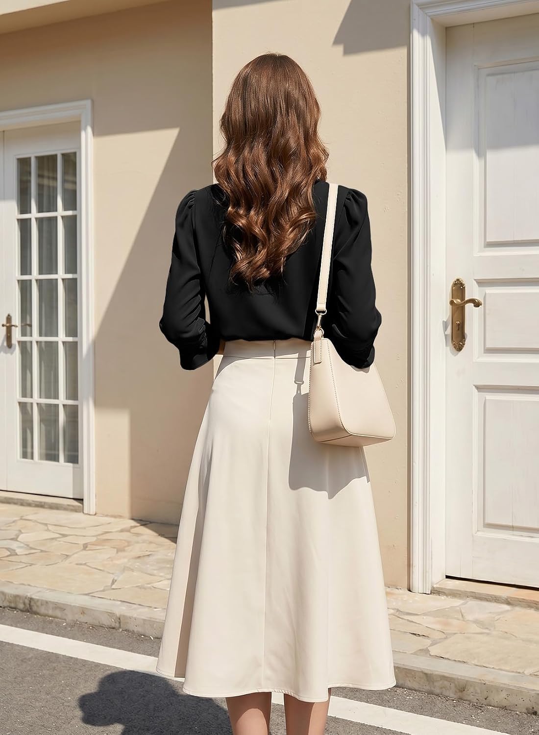 Detalle de EVALESS Women's 3/4 Sleeve Pleated V-Neck Dressy Casual Tops