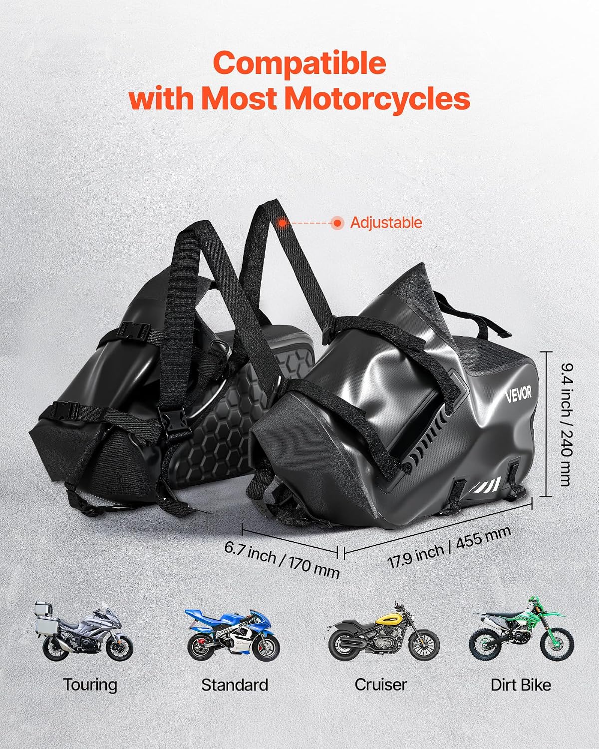 Detalle de VEVOR Sacoche latérale de Moto 28 L (2x14 L) avec housse pluie et sangle inférieure