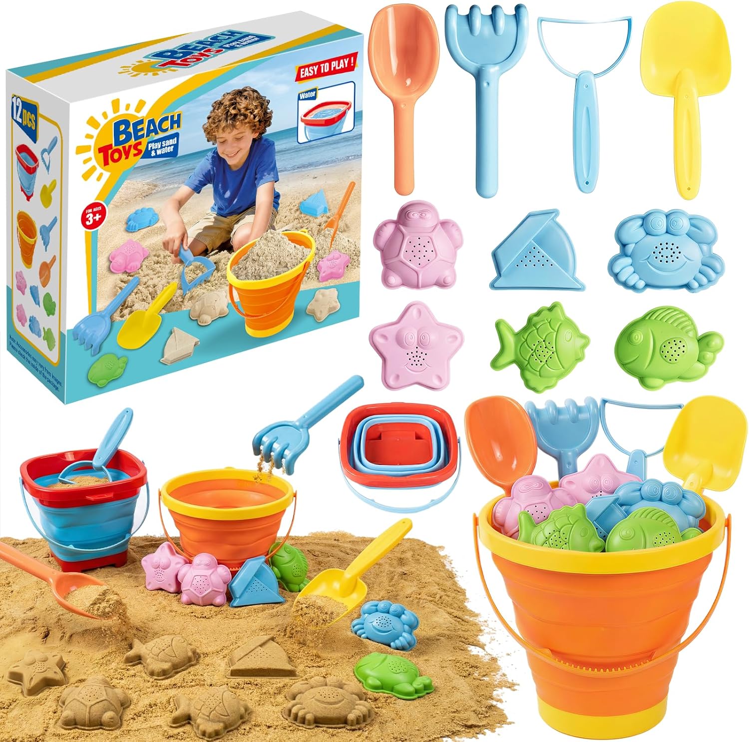 Thumbnail 5 de TUNISE Sandspielzeug-Set für Kinder mit klappbarem Silikoneimer, Schaufel, Rechen, Förmchen & Netztasche