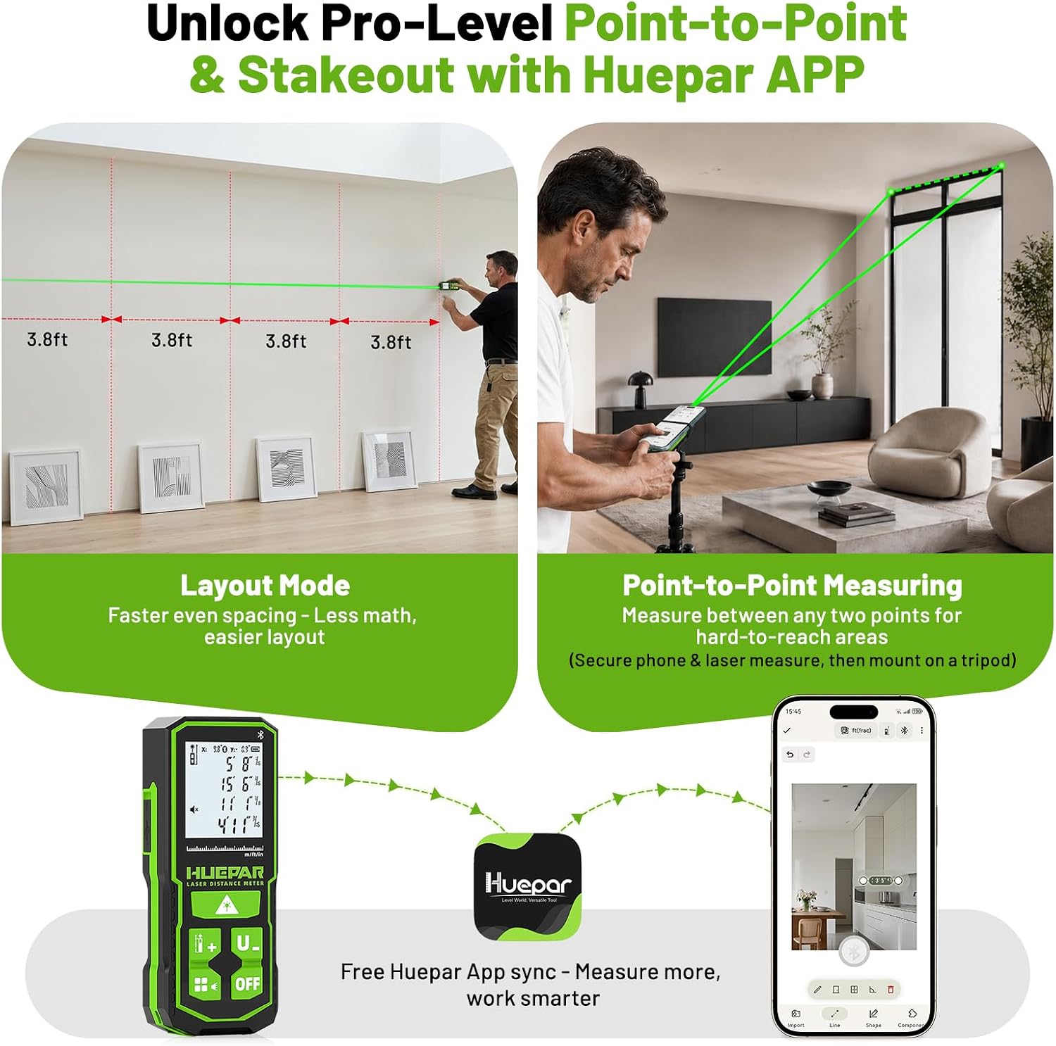 Detalle de Huepar S100G-BT Laser Distance Meter with Bluetooth, Green Laser and Angle Sensor